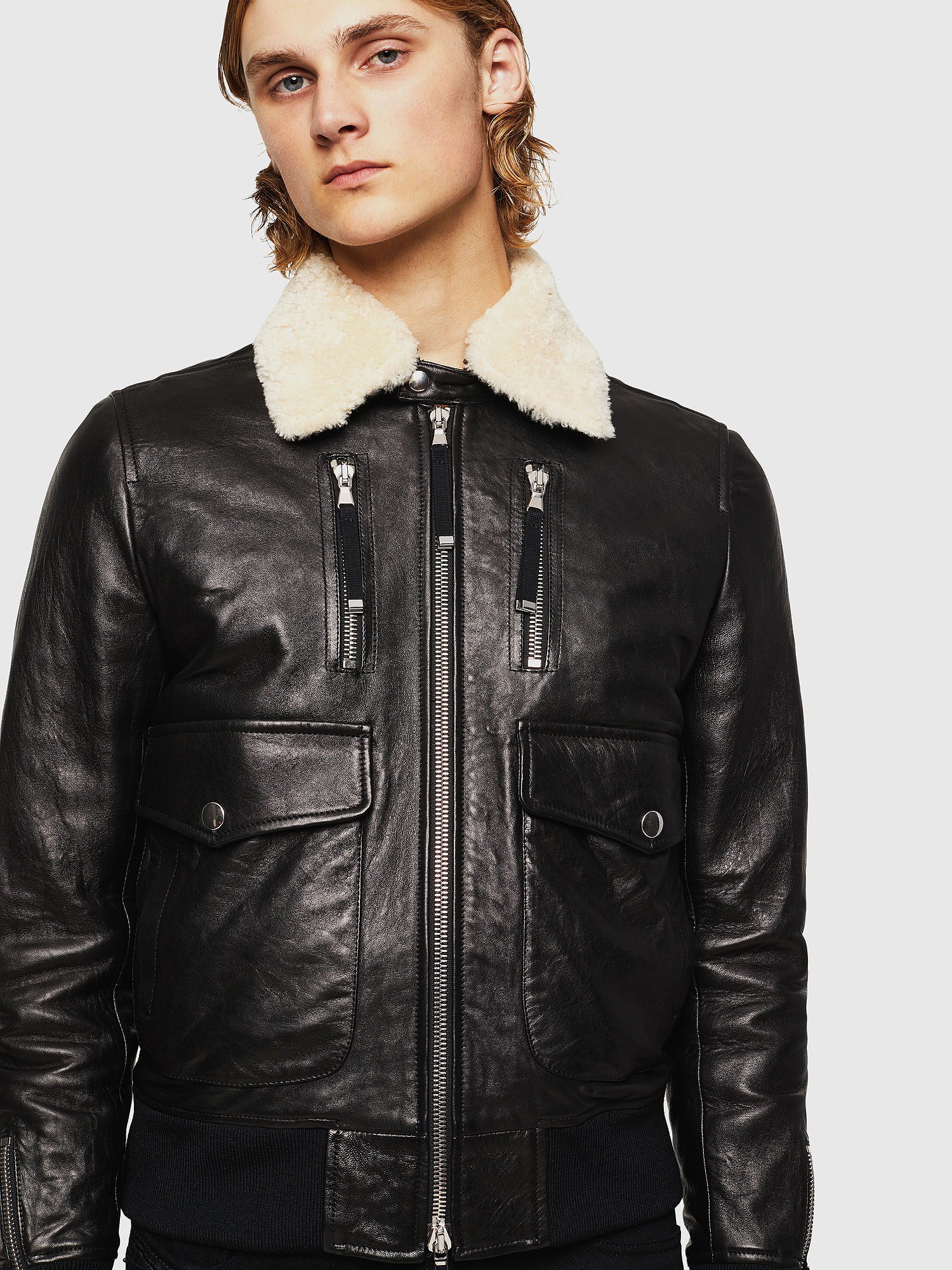 L-VINT Men: Leather jacket with shearling collar | Diesel Black Gold