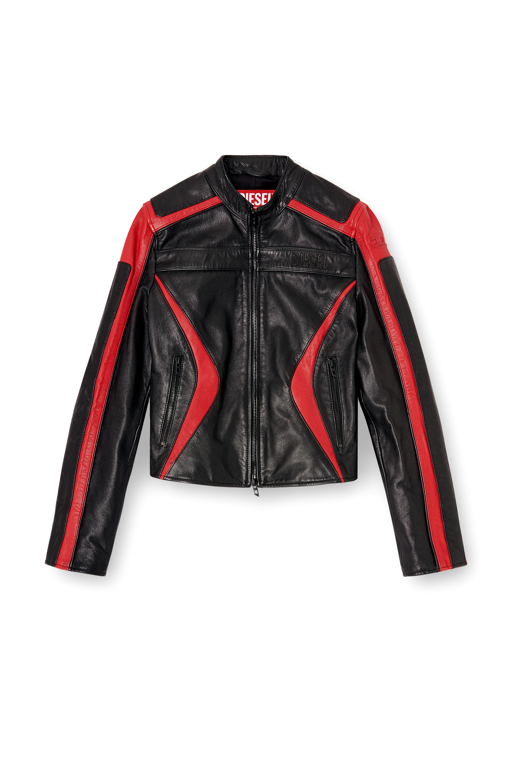 Diesel - L-OVABLE, Woman's Biker jacket in colour-block leather in Black/Red - 2