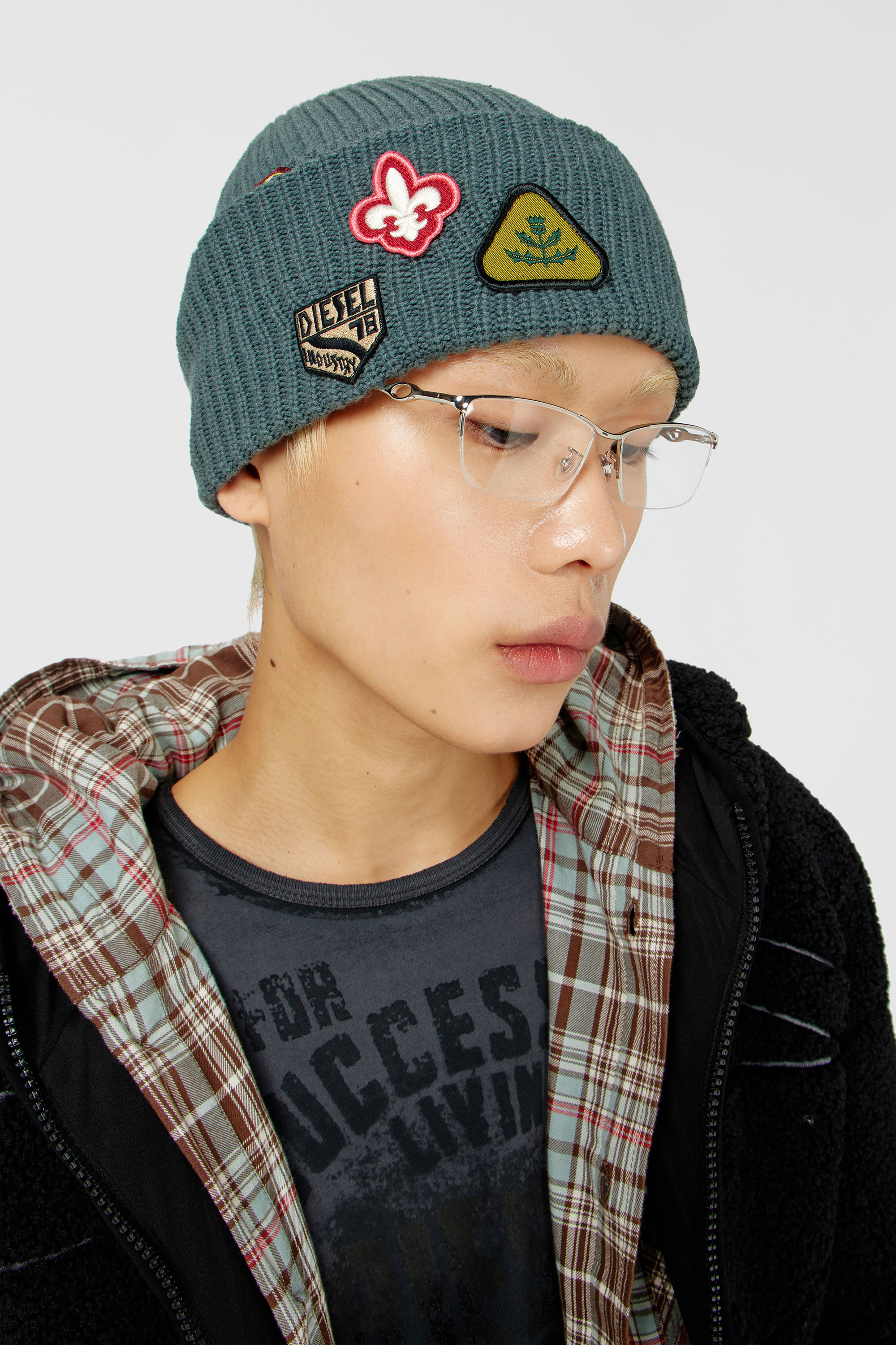 Diesel - K-PHAT, Unisex's Wool beanie with logo patches in Grey - 4