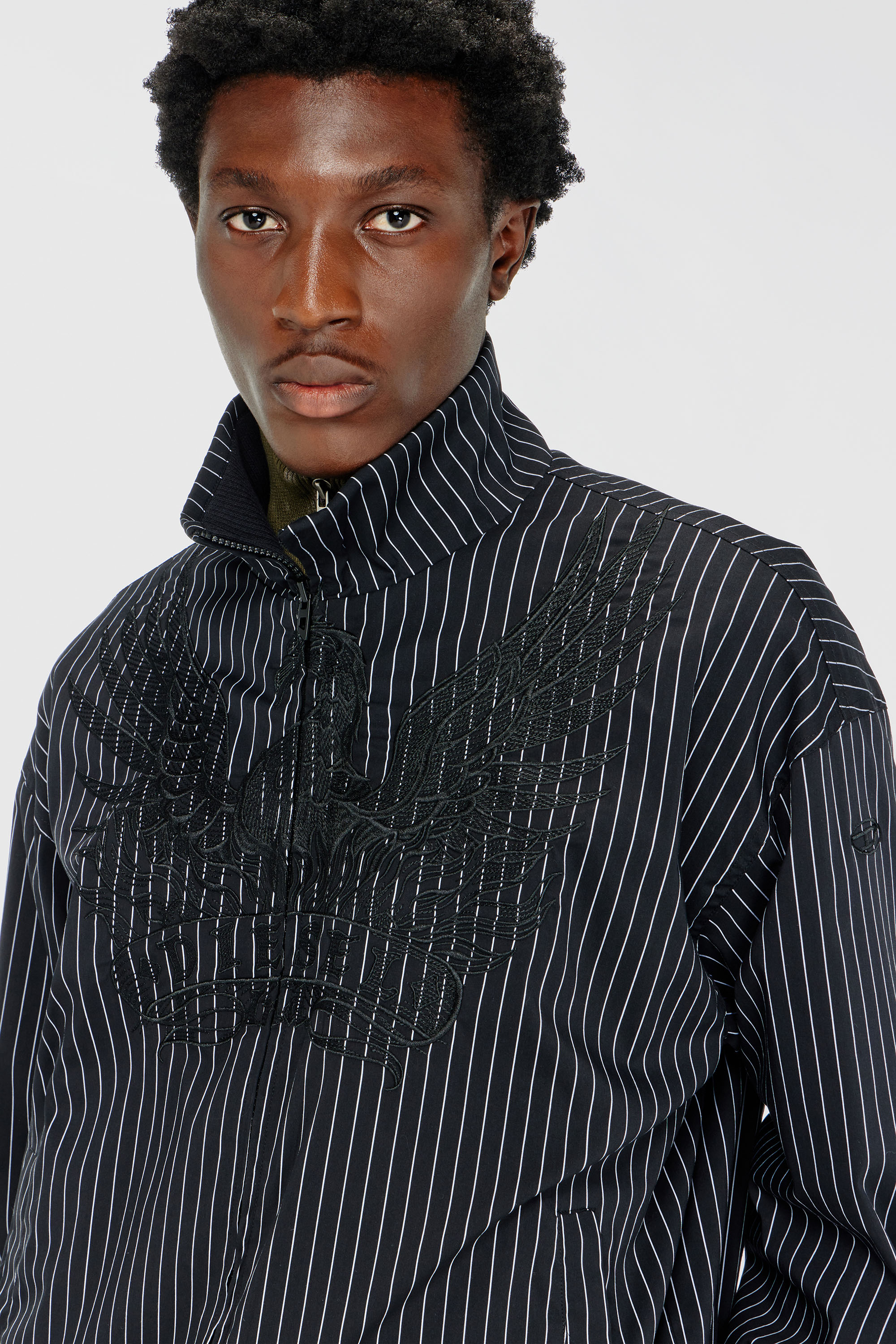 Men's Nylon pinstripe Jacket with Phoenix embroidery | Black