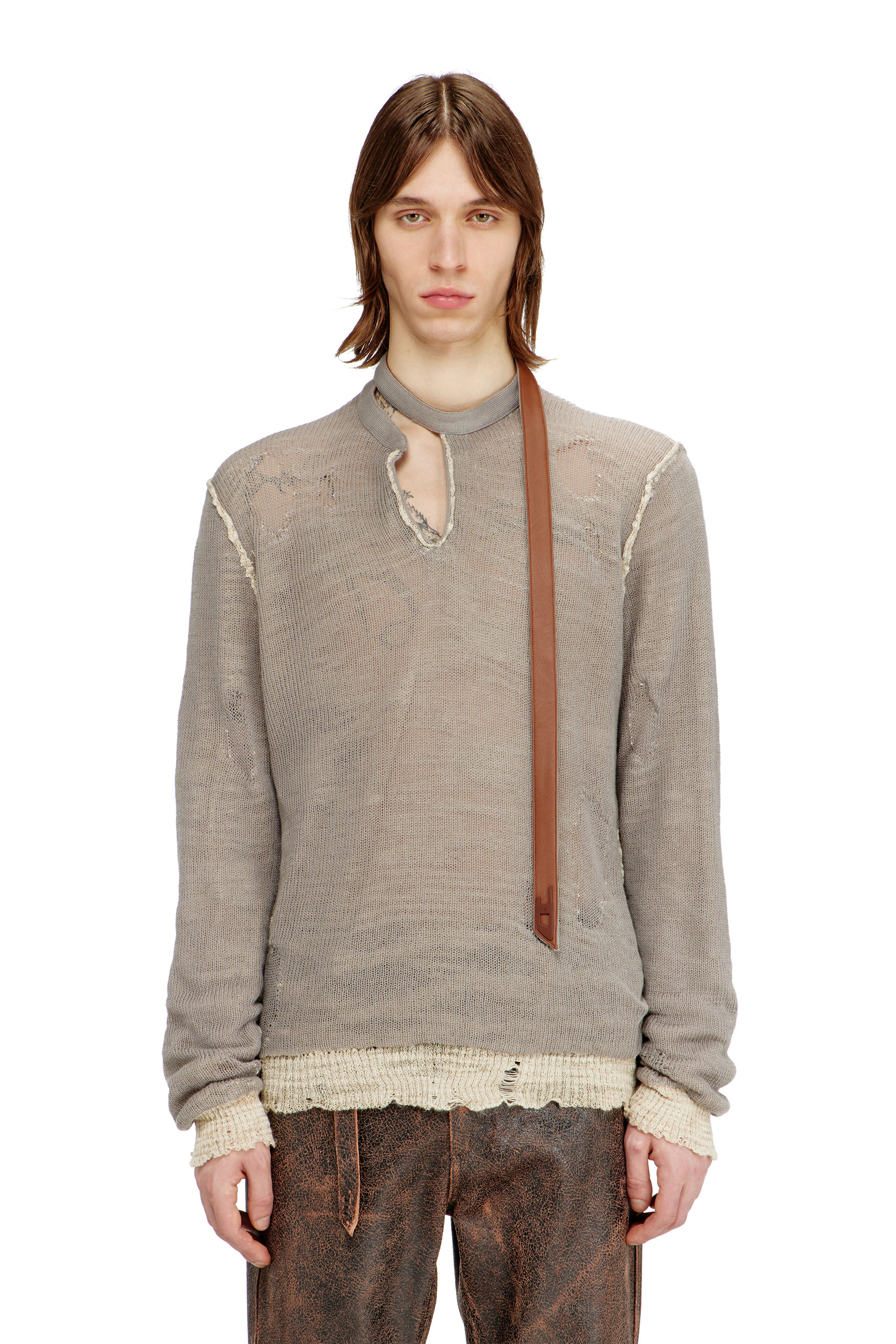 Diesel - K-DAIANERIS, Man's Distressed jumper with biker neck strap in Brown - 1