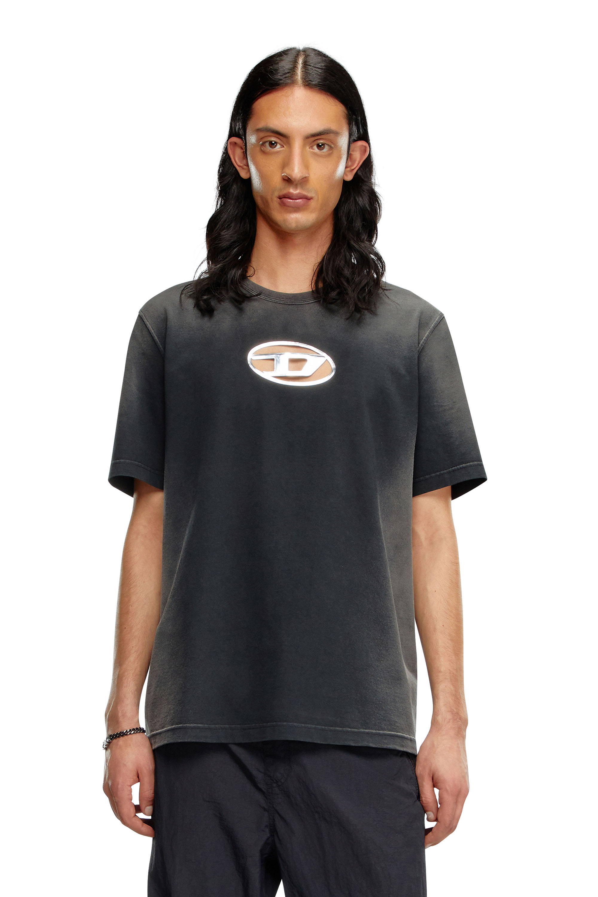 Diesel - T-ADJUST-Q8, Man Faded T-shirt with cut-out Oval D logo in Black - Image 1