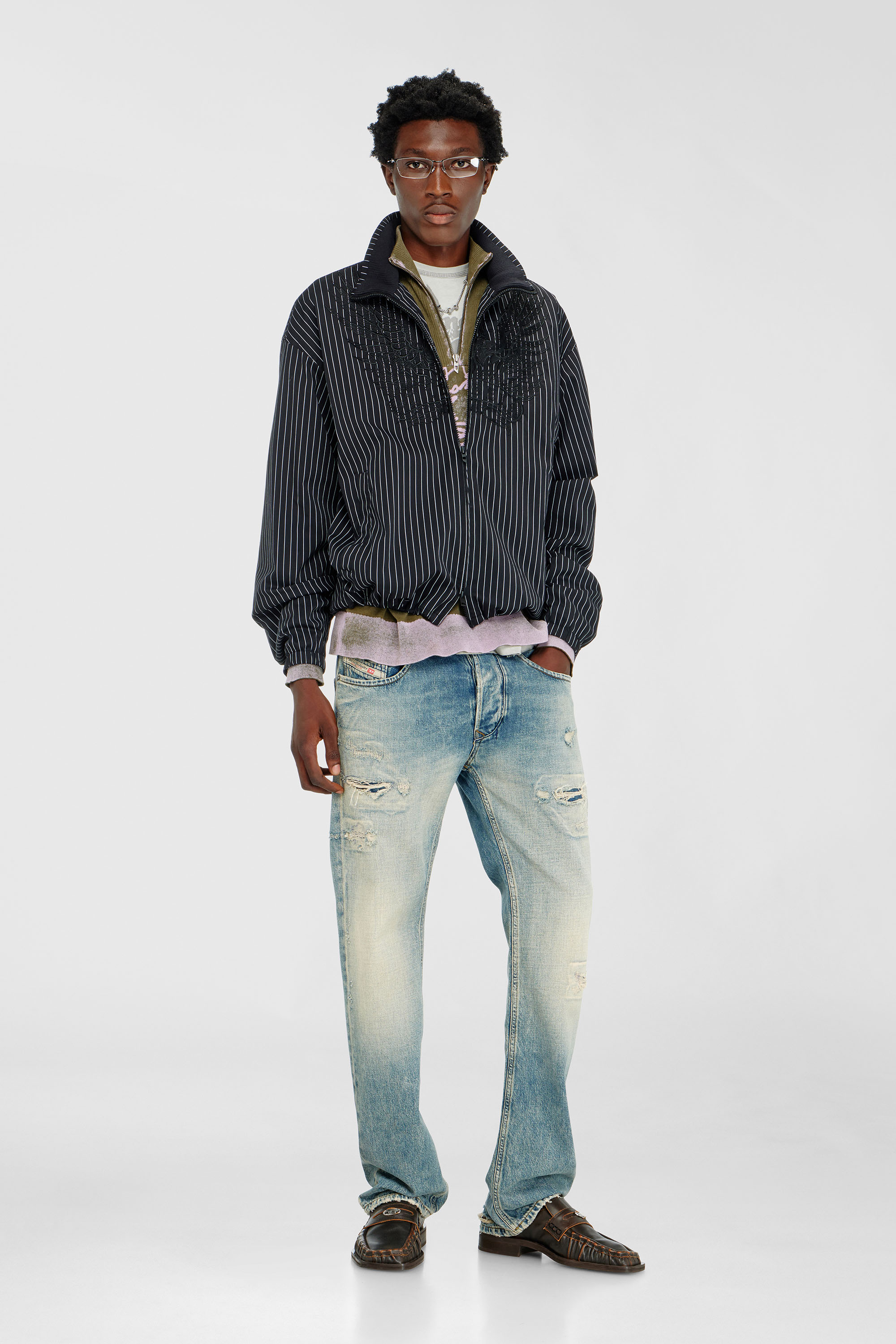 Men's Nylon pinstripe Jacket with Phoenix embroidery | Black