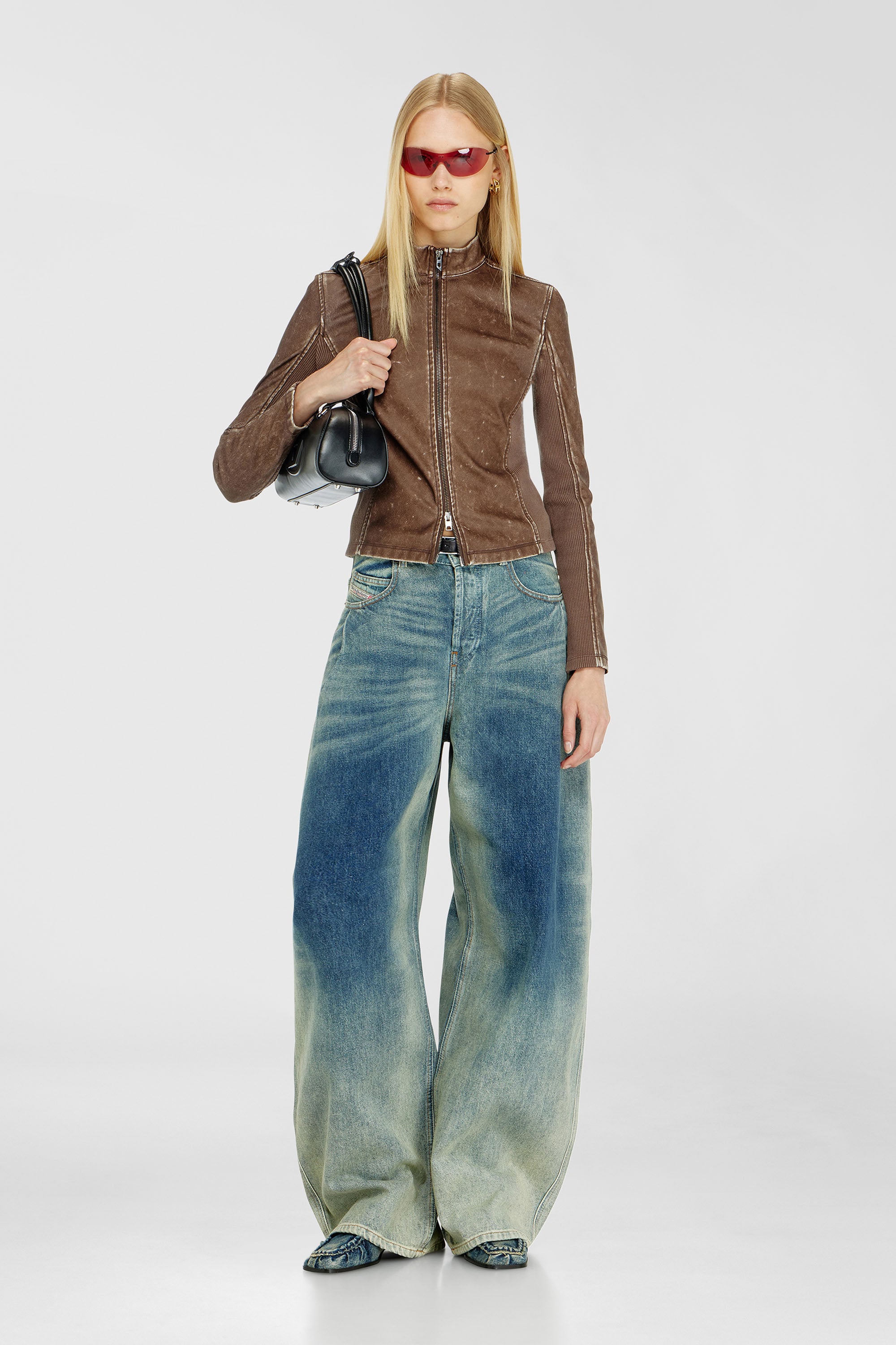 Diesel - T-HUNDER, Woman's Biker jacket with rib-knit inserts in Brown - 1