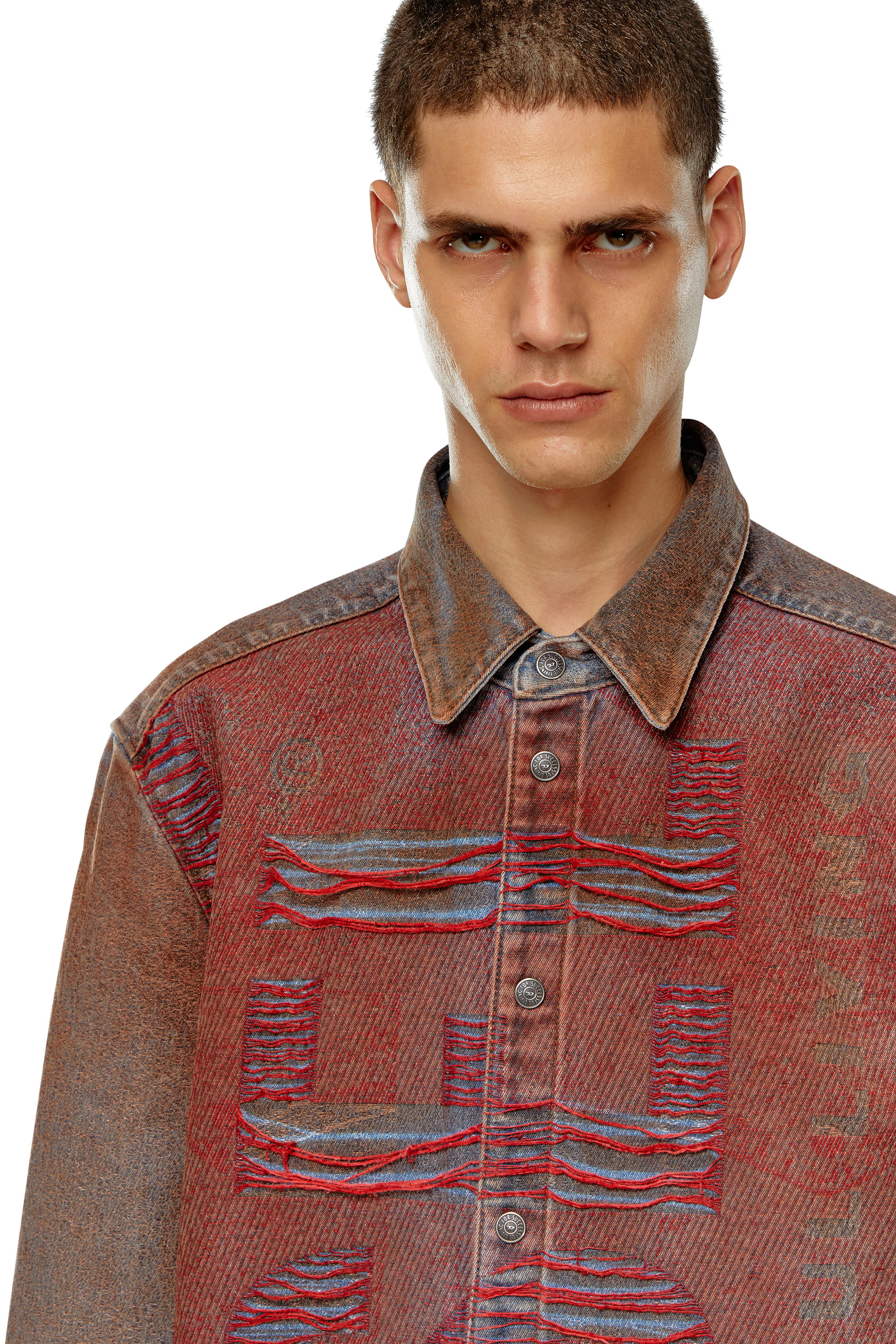 Diesel - D-SIMPLY-OVER-S, Man's Denim shirt with jacquard logo in Blue/Red - 5