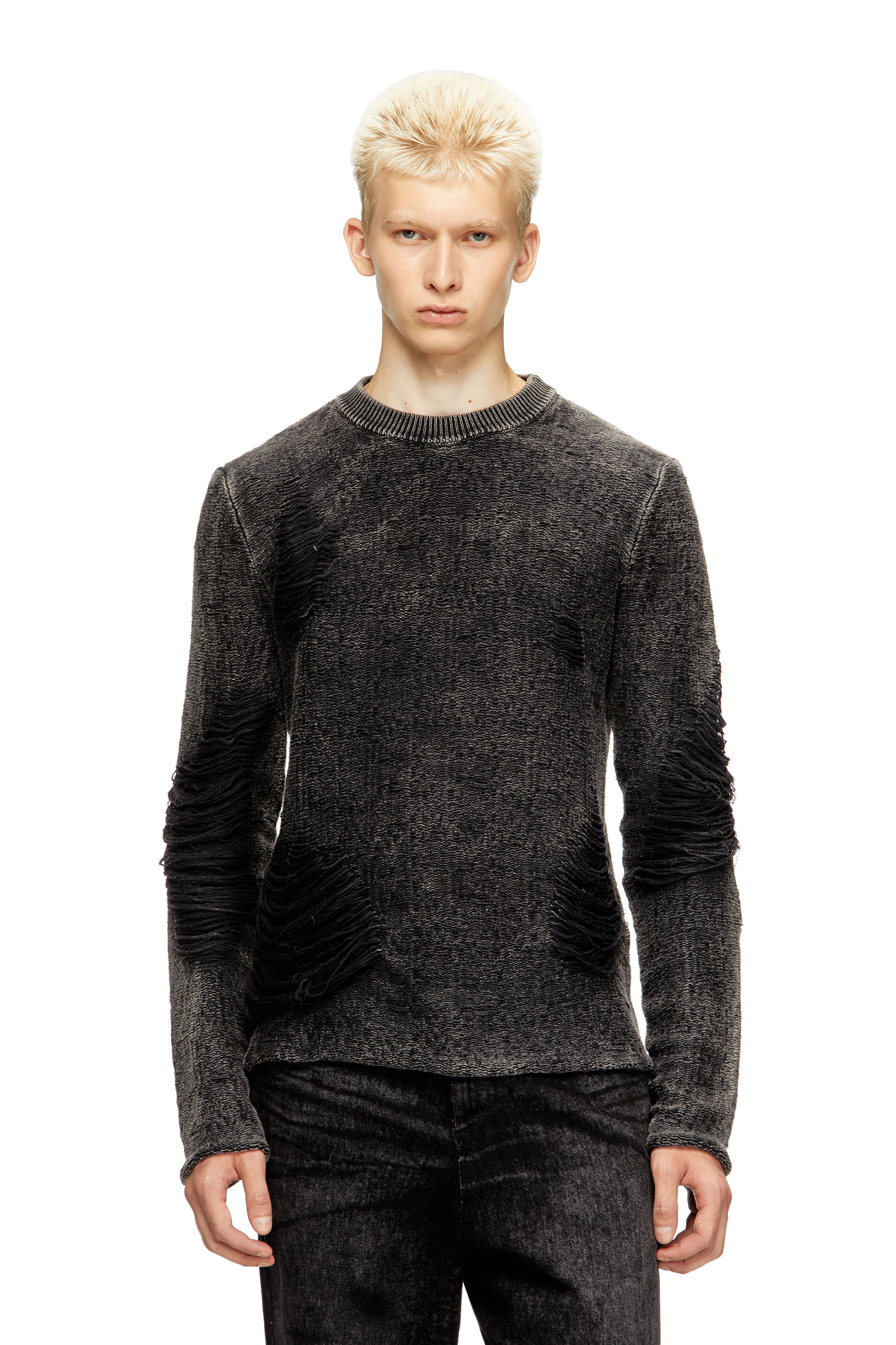 Diesel - K-FJORDI-ROUND, Man's Destroyed jumper with floating yarns in Black - 1