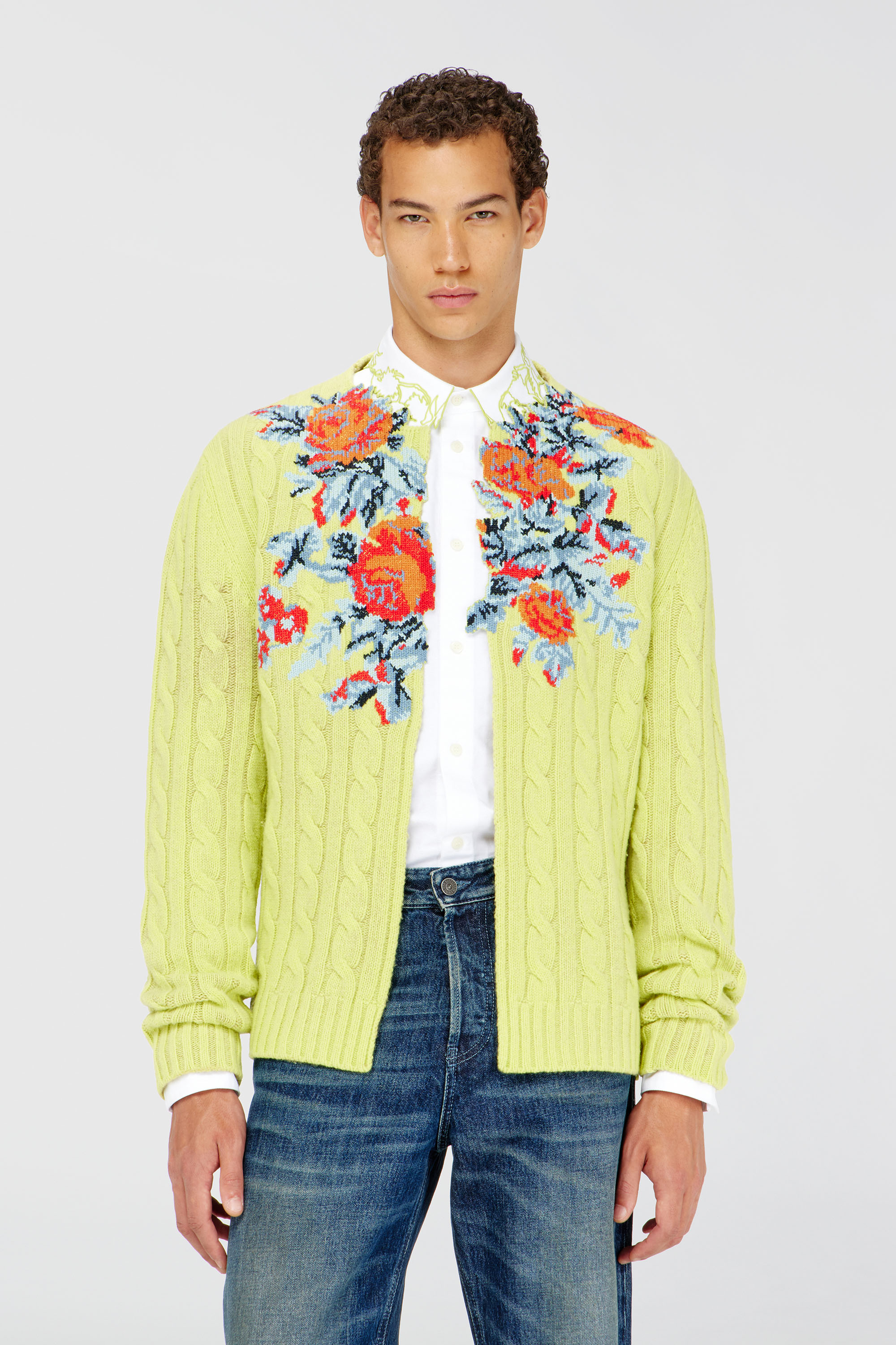Diesel - K-RINO, Man's Open-front cardigan in floral cable knit in Yellow Fluo - 2