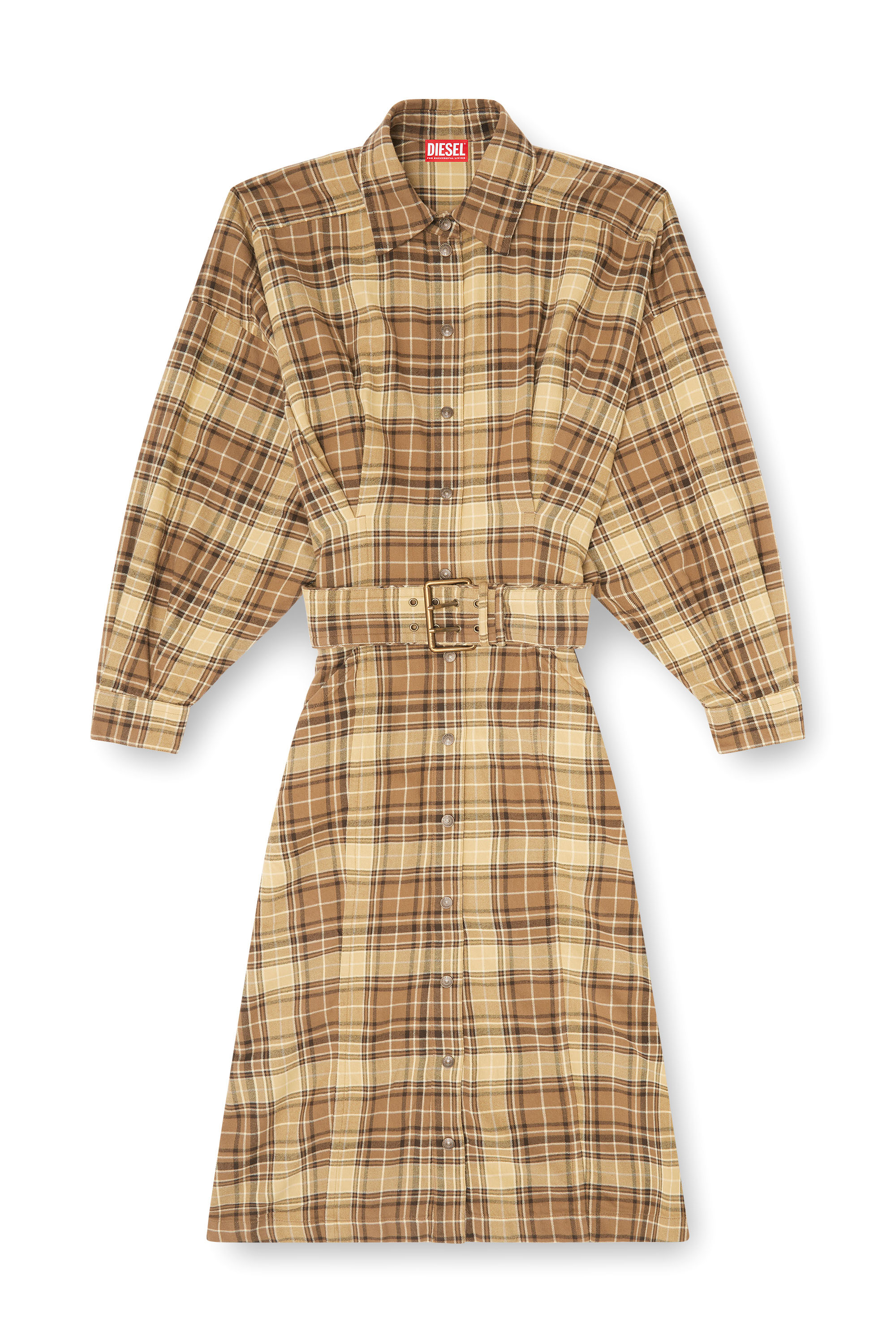 Diesel - D-EDALUS, Woman's Midi dress in check flannel with wide belt in Brown/Yellow - 3