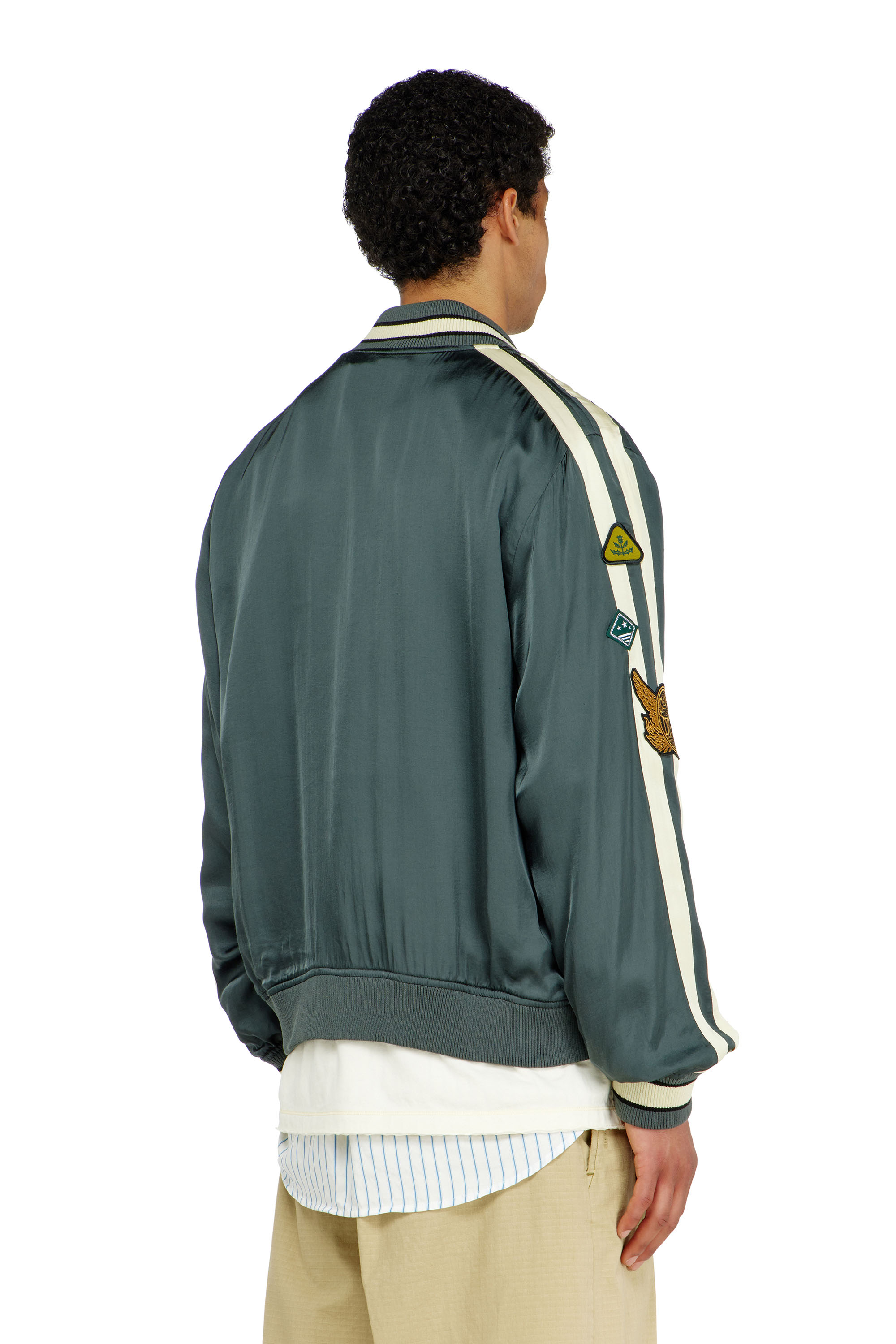 Diesel - J-ANNU, Man's Satin bomber jacket with patches in Dark Green - 4