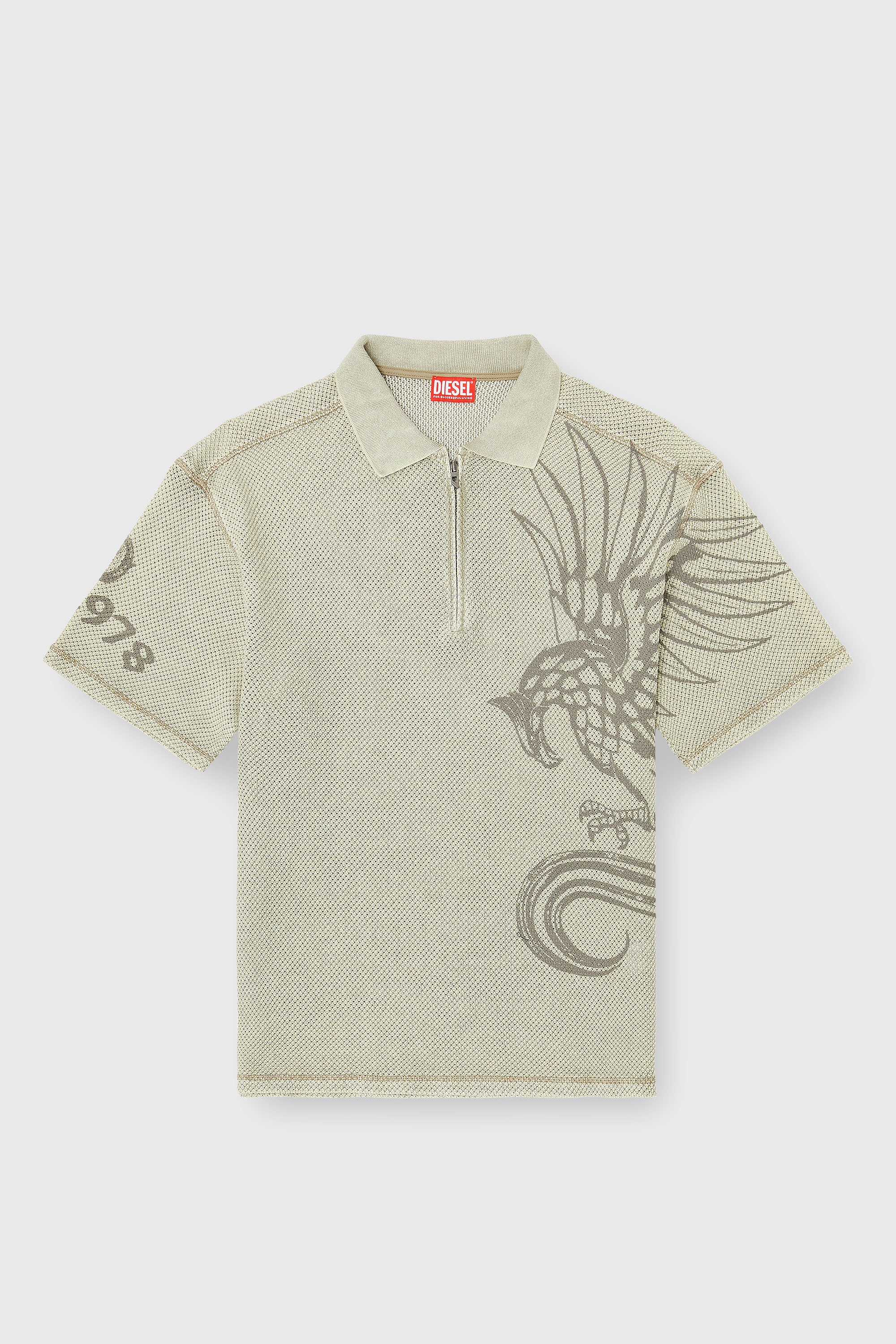 Diesel - T-ERRY-ZIP, Man's Mesh-jacquard polo shirt with Phoenix print in Beige - 4