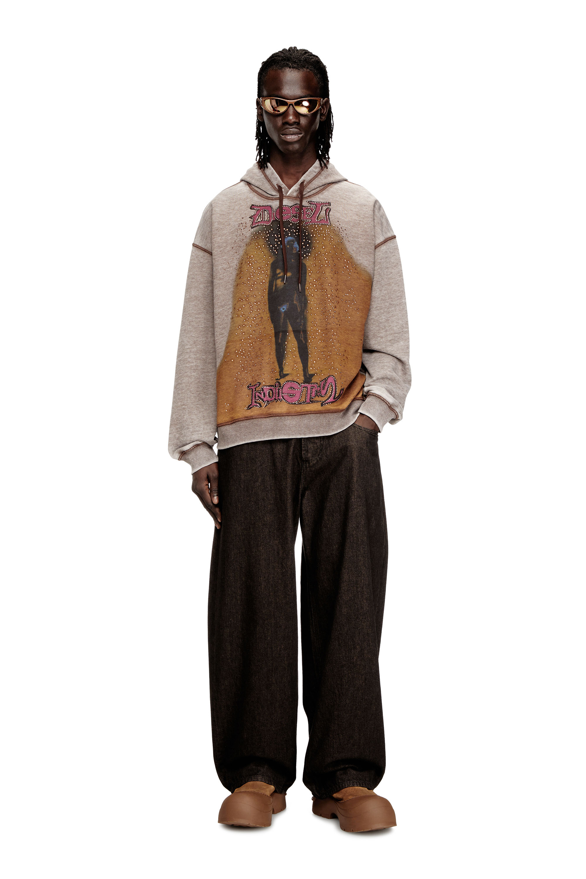 Diesel - S-BOXTON-HOOD, Man's Hoodie with print and studs in Light Brown - 2