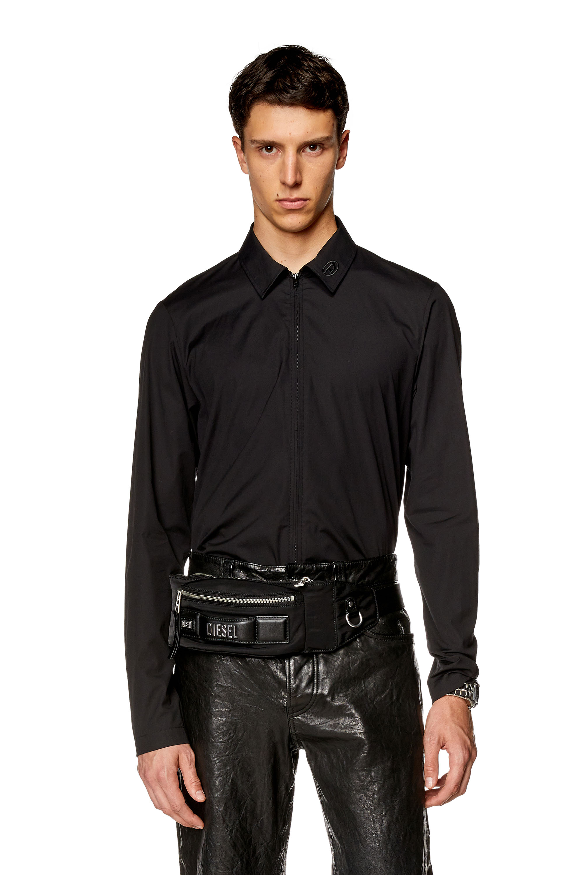 Diesel - S-STUCK, Man's Logo-embroidered zip shirt in Black - 3
