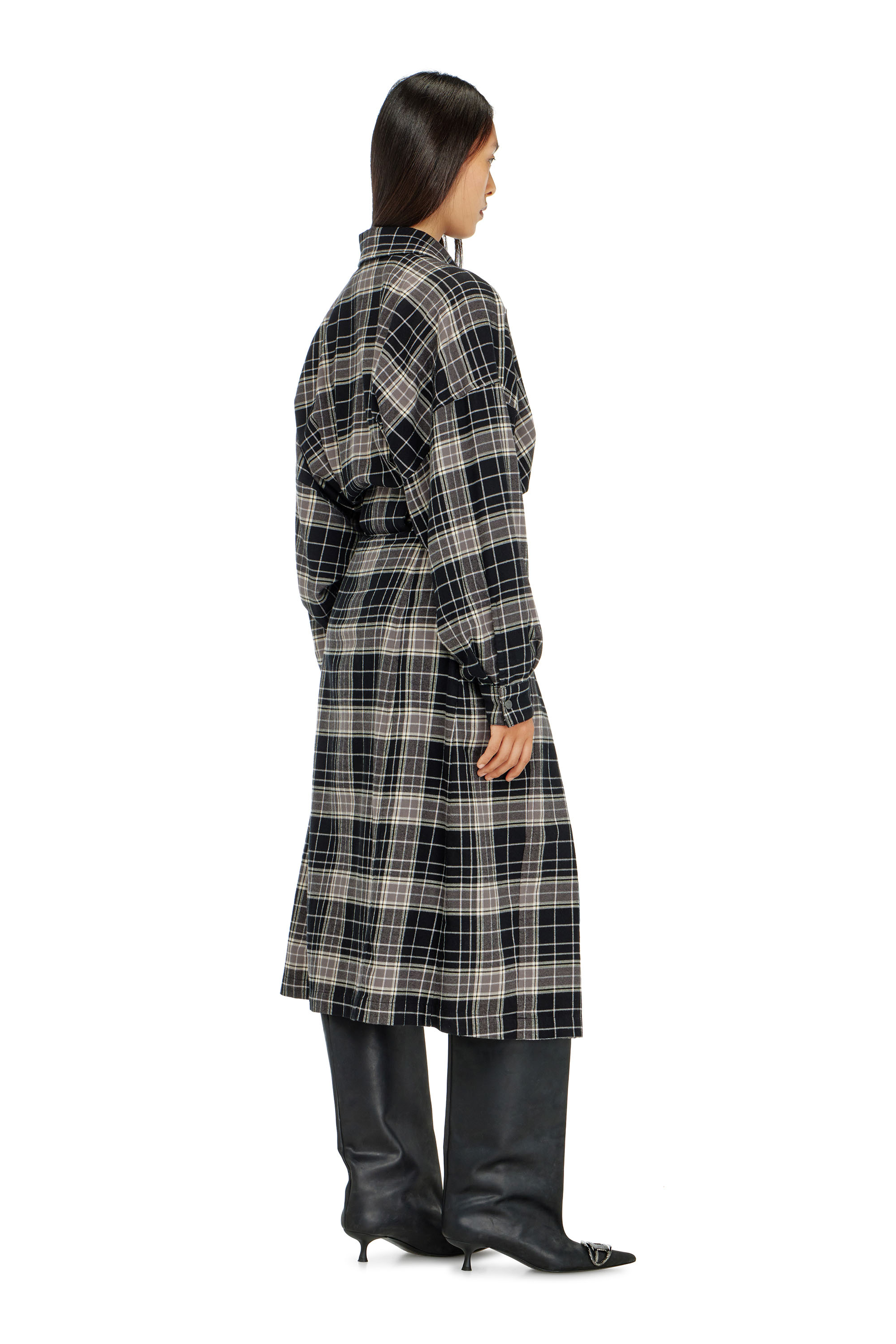 Diesel - D-EDALUS, Woman's Midi dress in check flannel with wide belt in Grey/Black - 4