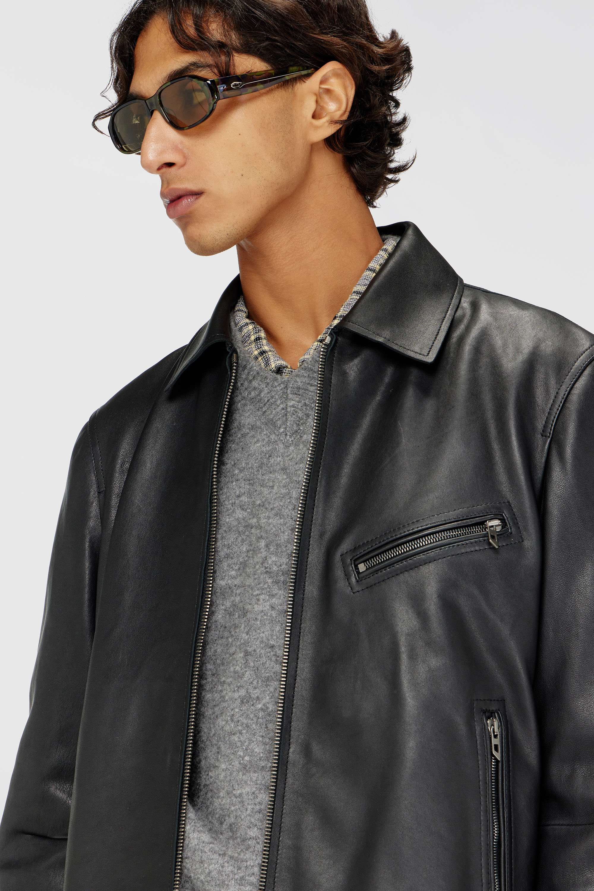 Men's Leather jacket with embossed Oval D | Black | Diesel TR