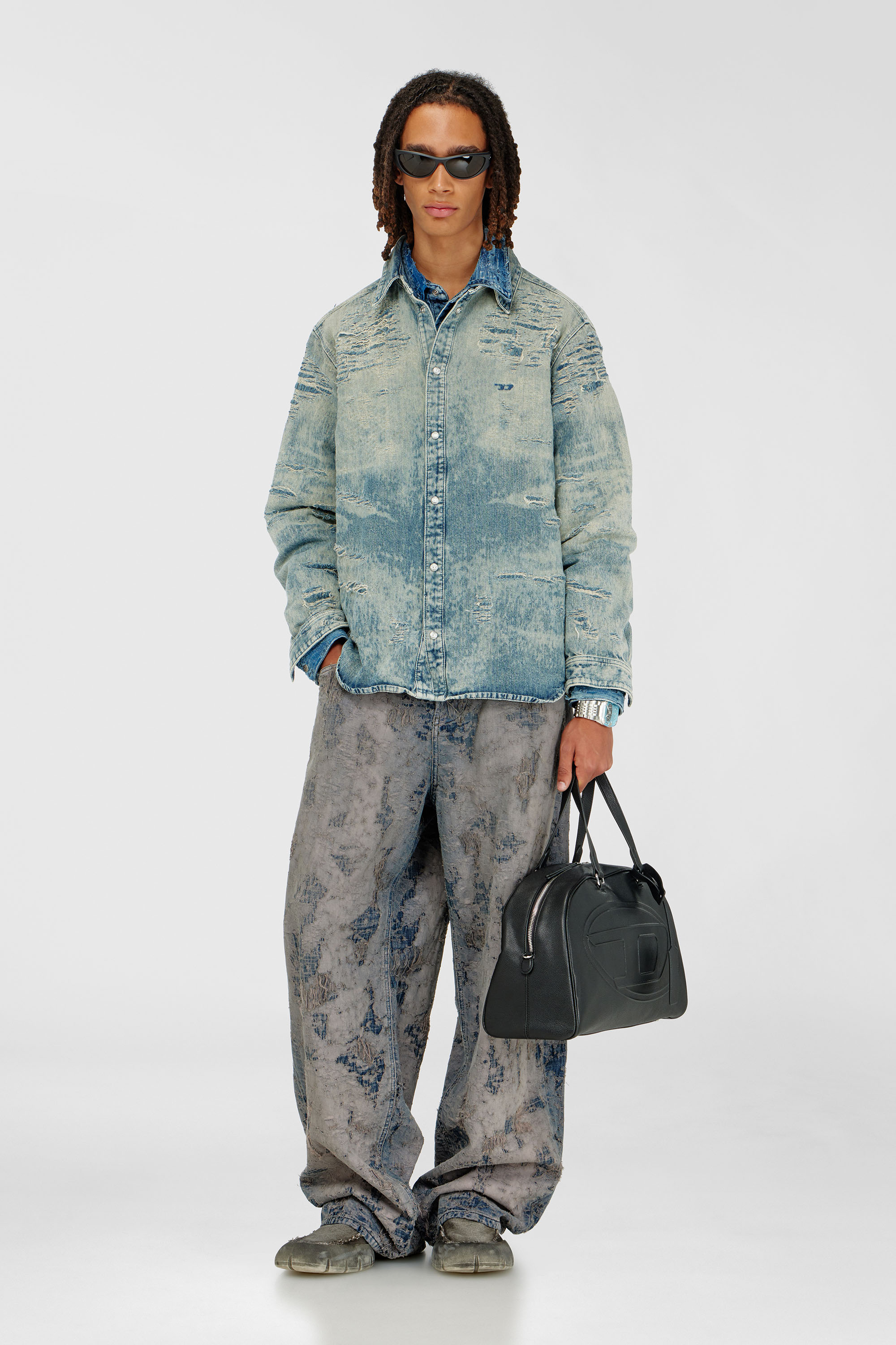 Diesel - D-SIMPLY, Man's Shirt in distressed-effect jacquard denim in Medium blue - 1