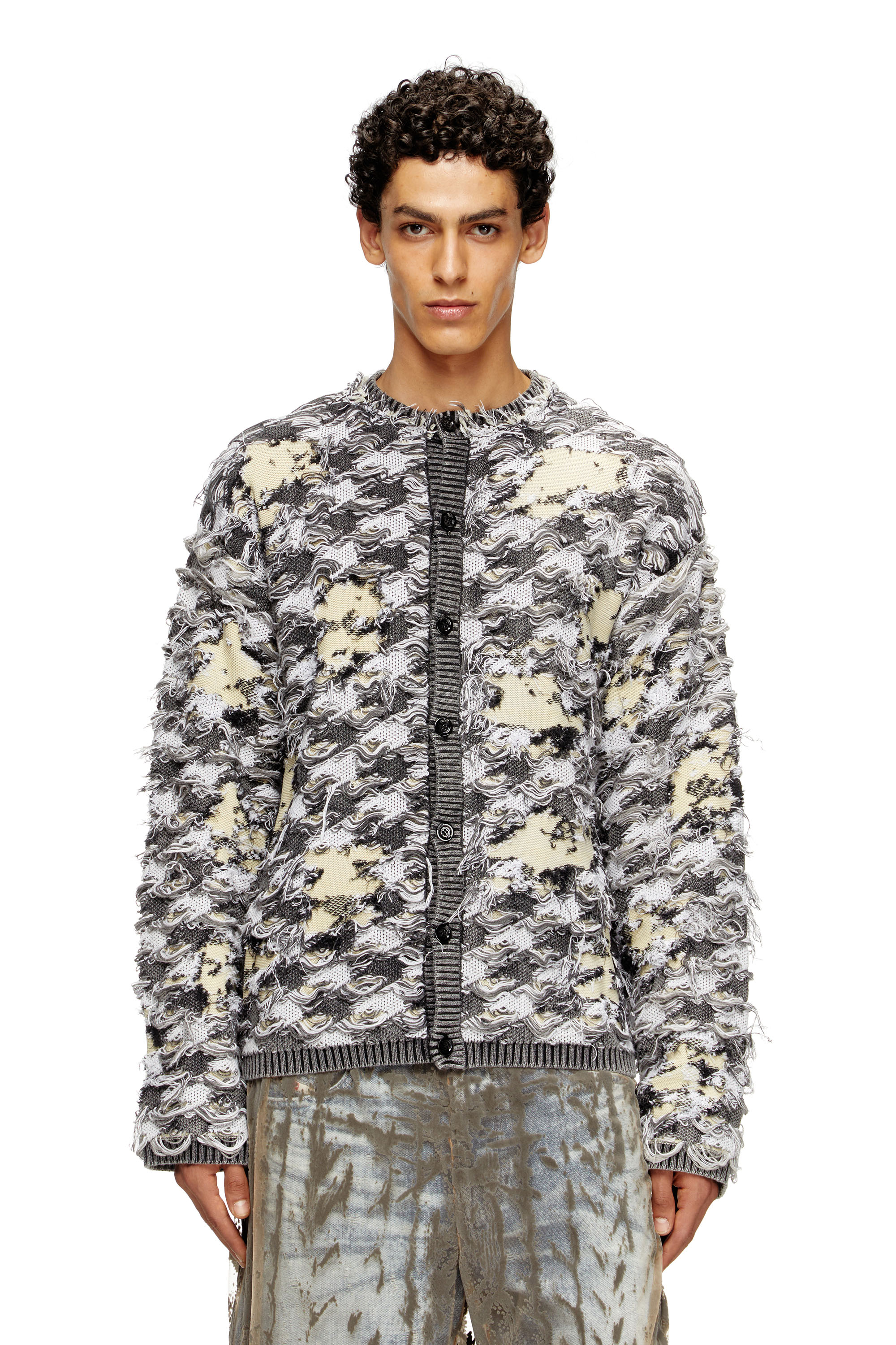 Diesel - K-VALBOR, Man's Cardigan in devoré houndstooth jacquard in Black/White - 1