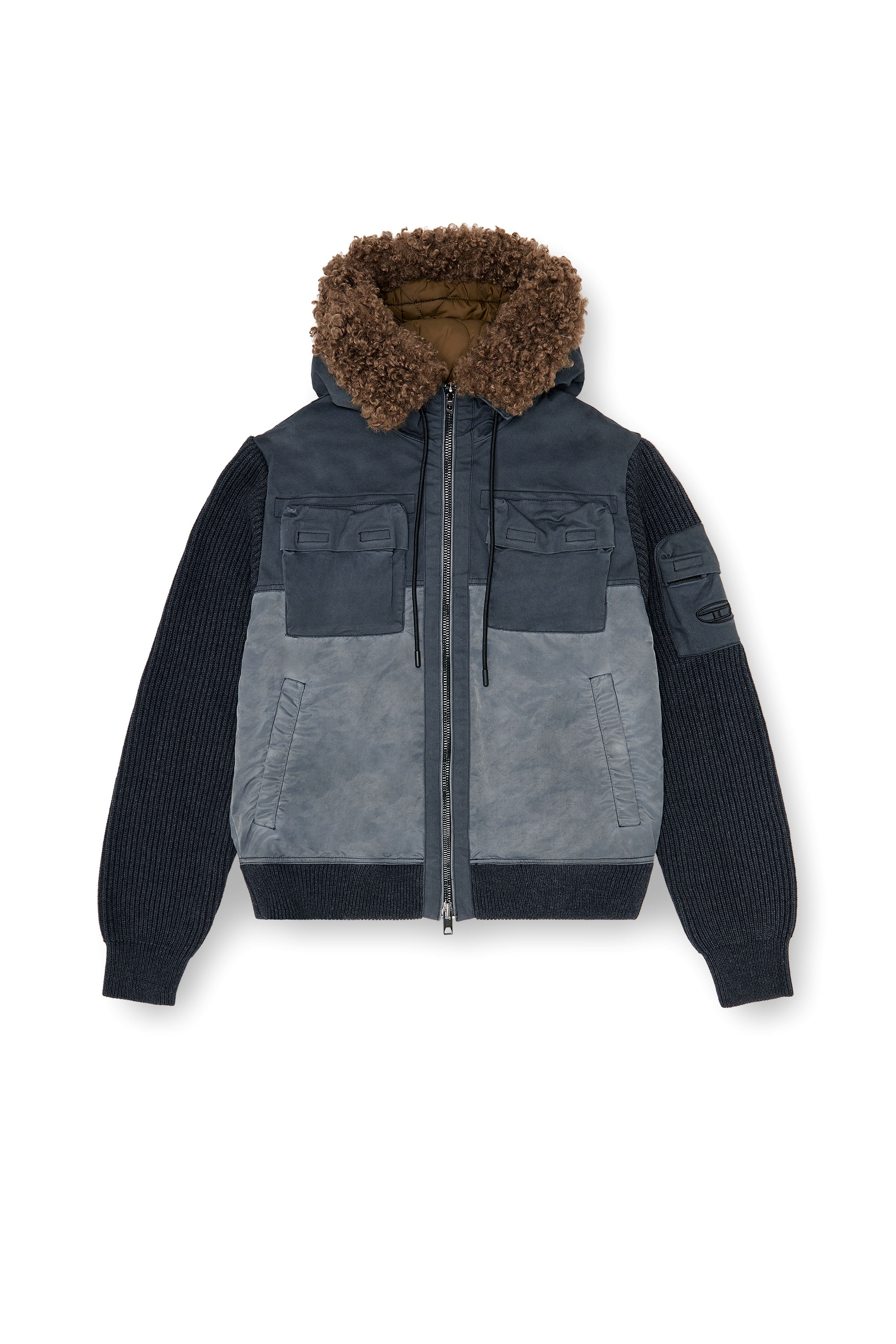 Diesel - W-DELLS, Man's Hooded padded jacket with knitted sleeves in null - 2