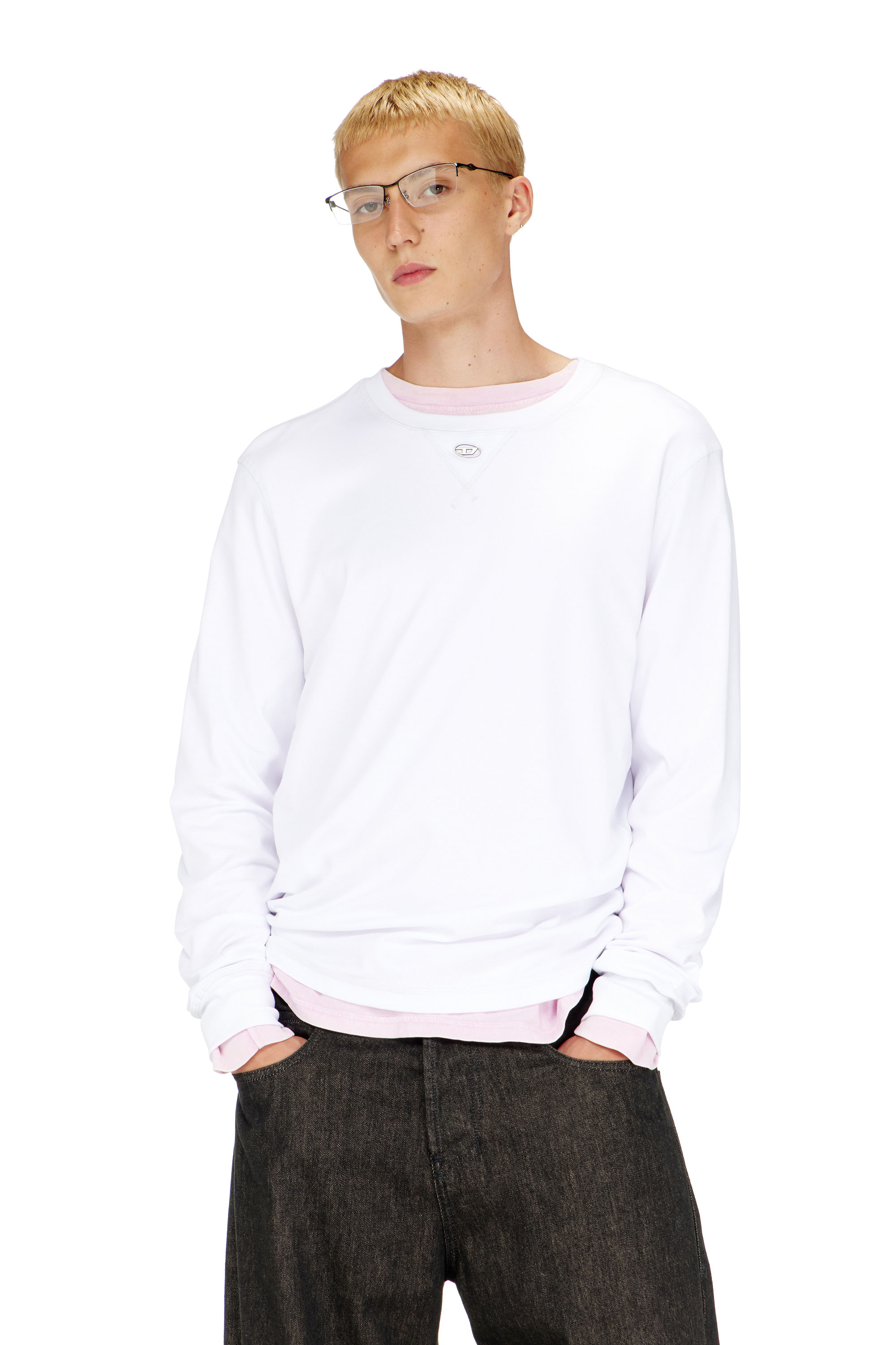 Diesel - T-MADJUST-LS-TR, Man's Cotton long-sleeve T-shirt with Oval D in White - 1