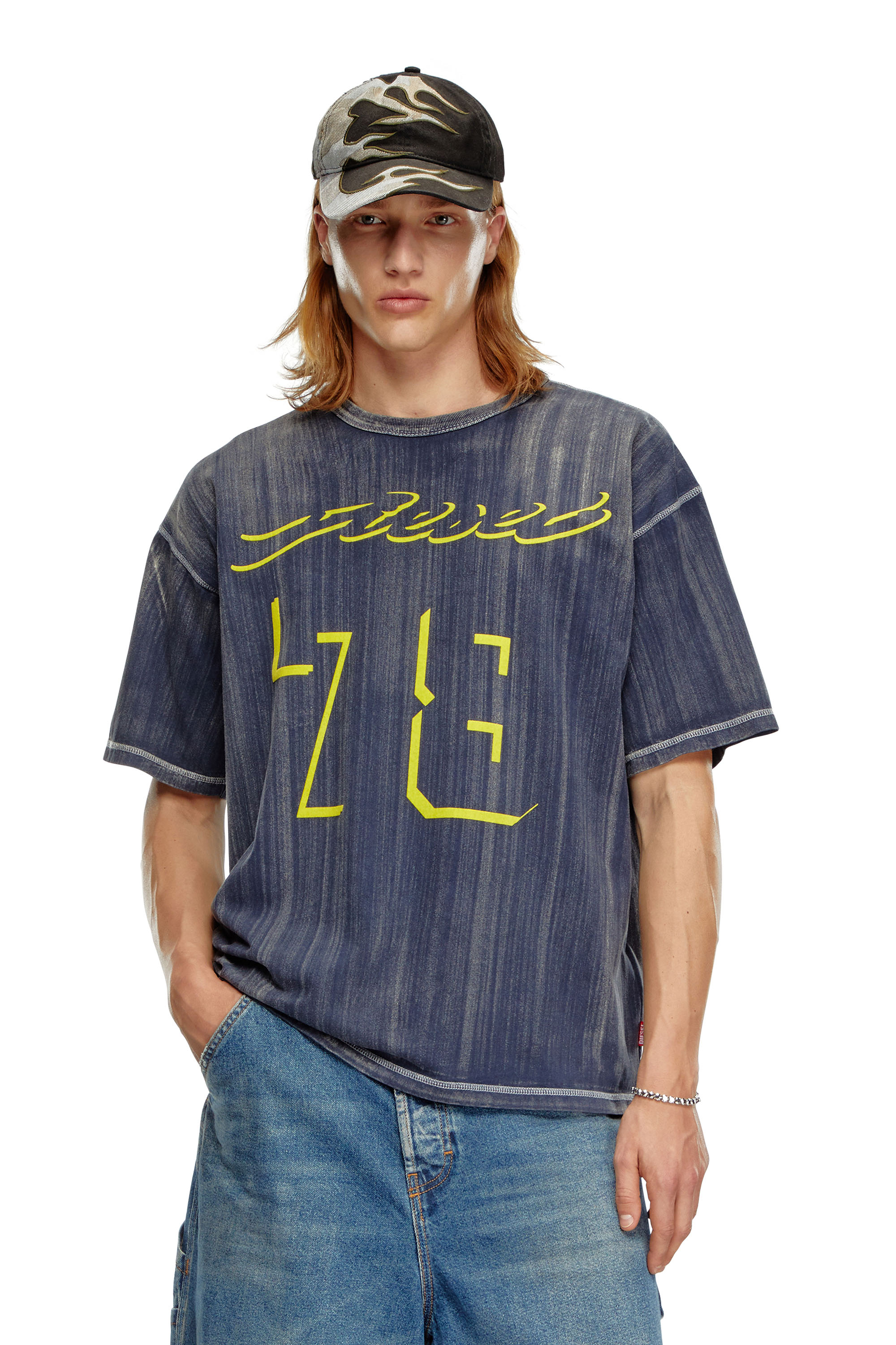 Diesel - T-BOXT-Q2, Man's Treated T-shirt with flocked logo in Blue - 1