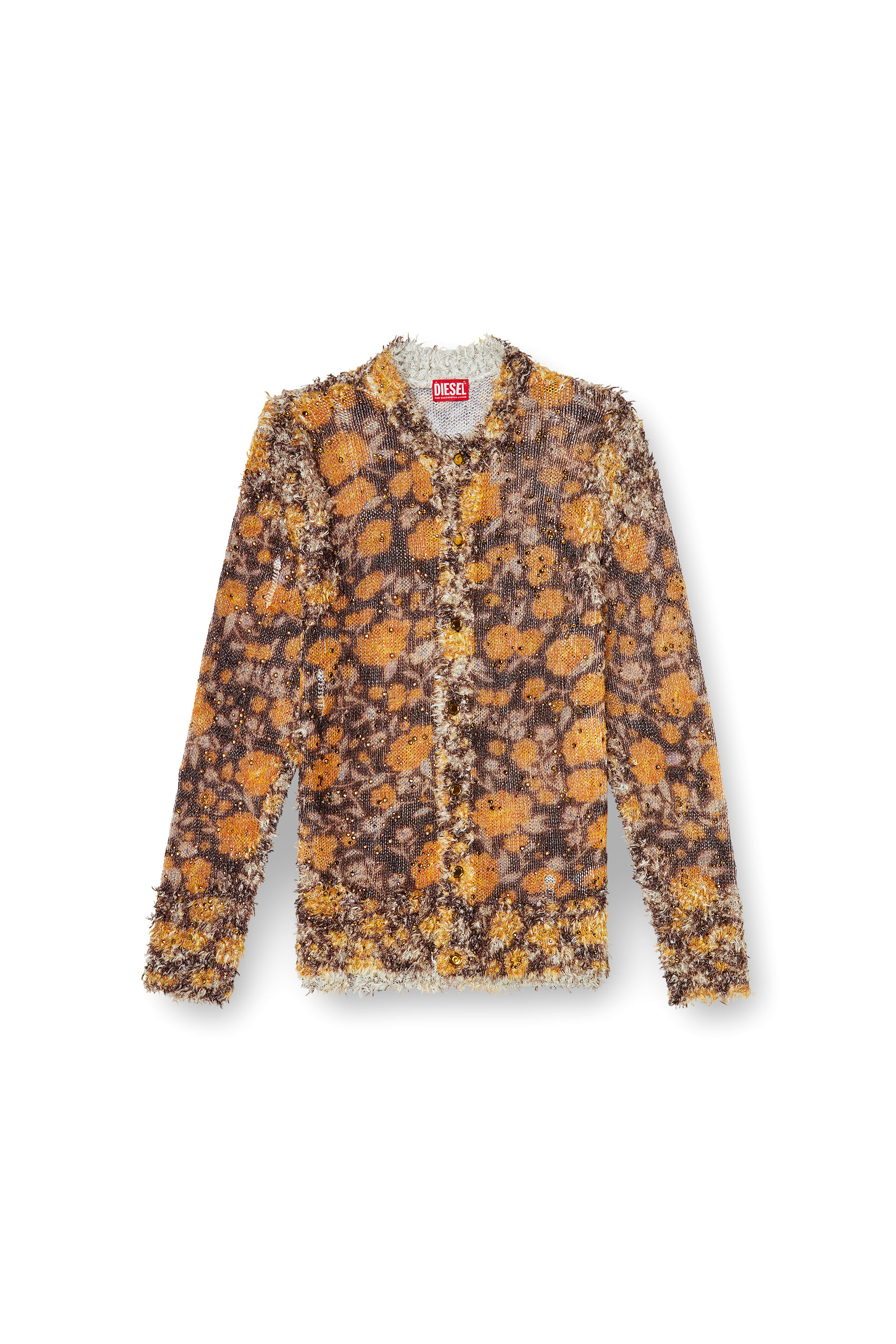 Diesel - K-LINNUS, Man's Printed linen-blend cardigan with crystals in Brown/Orange - 4