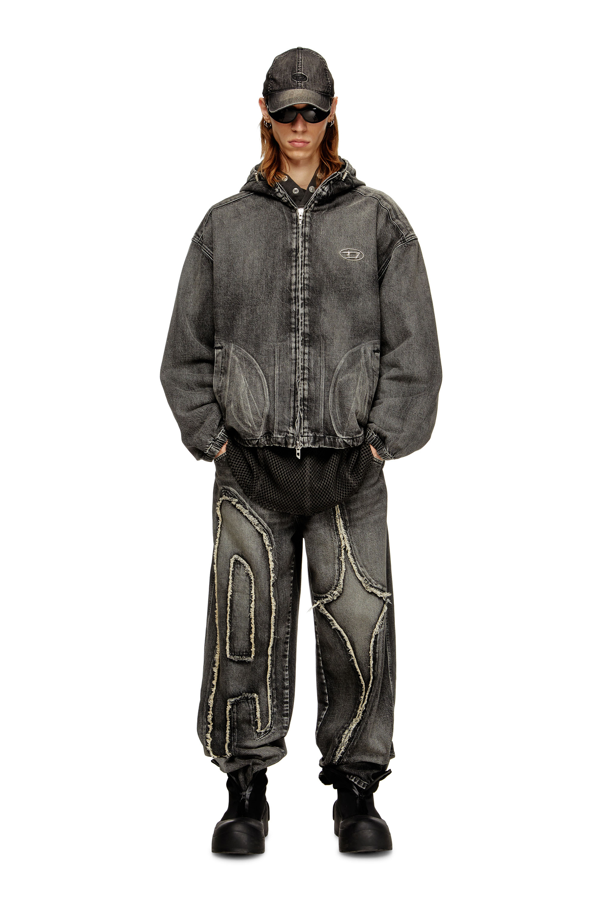 Diesel - THUGJACK, Unisex's Hooded jacket in faded denim in Black - 1