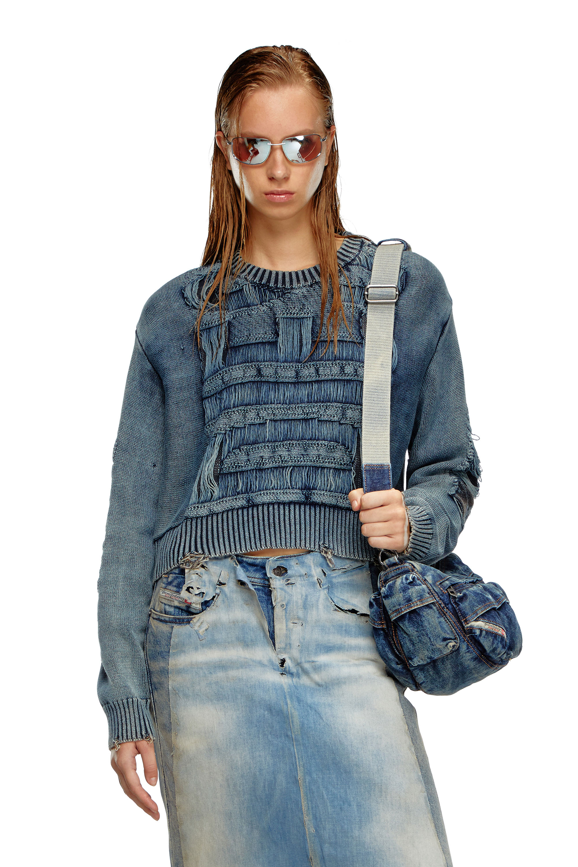 Diesel - M-ROTTA, Woman Destroyed jumper with floating yarn logo in Blue - Image 1