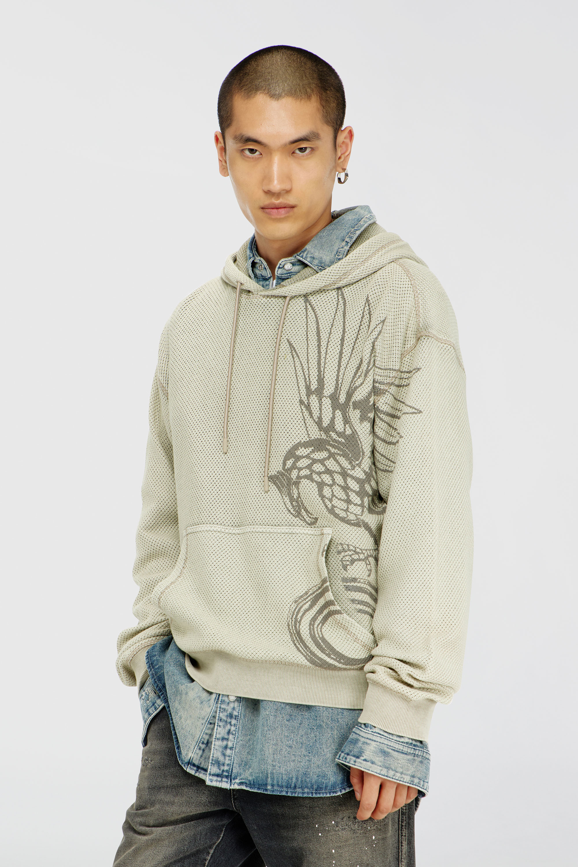 Diesel - S-NORM-HOOD-AA1, Man's Hoodie in textured cotton mesh in Beige - 1