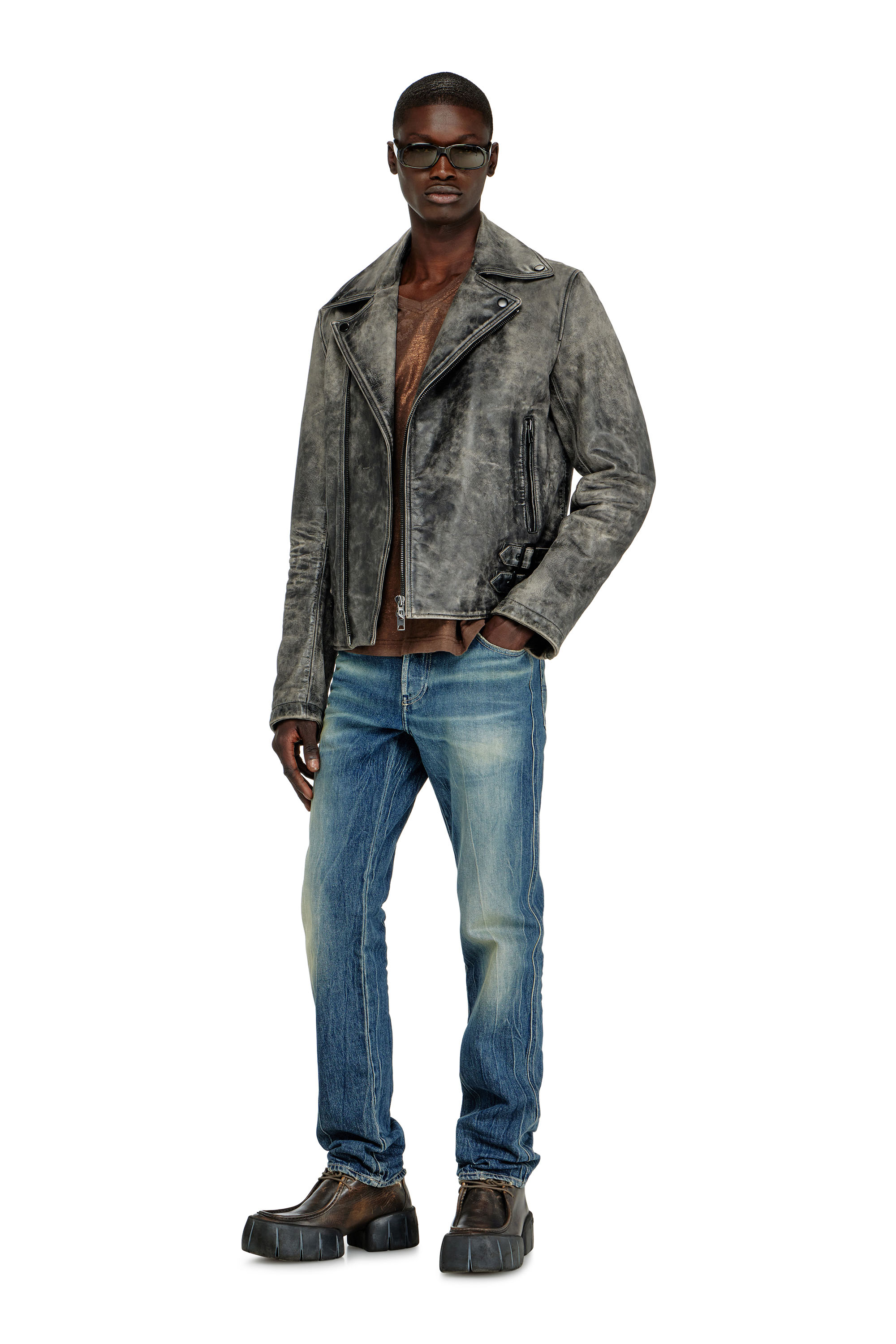 Diesel - L-EON-CJCM, Man's Biker jacket in treated leather in Dark grey - 2