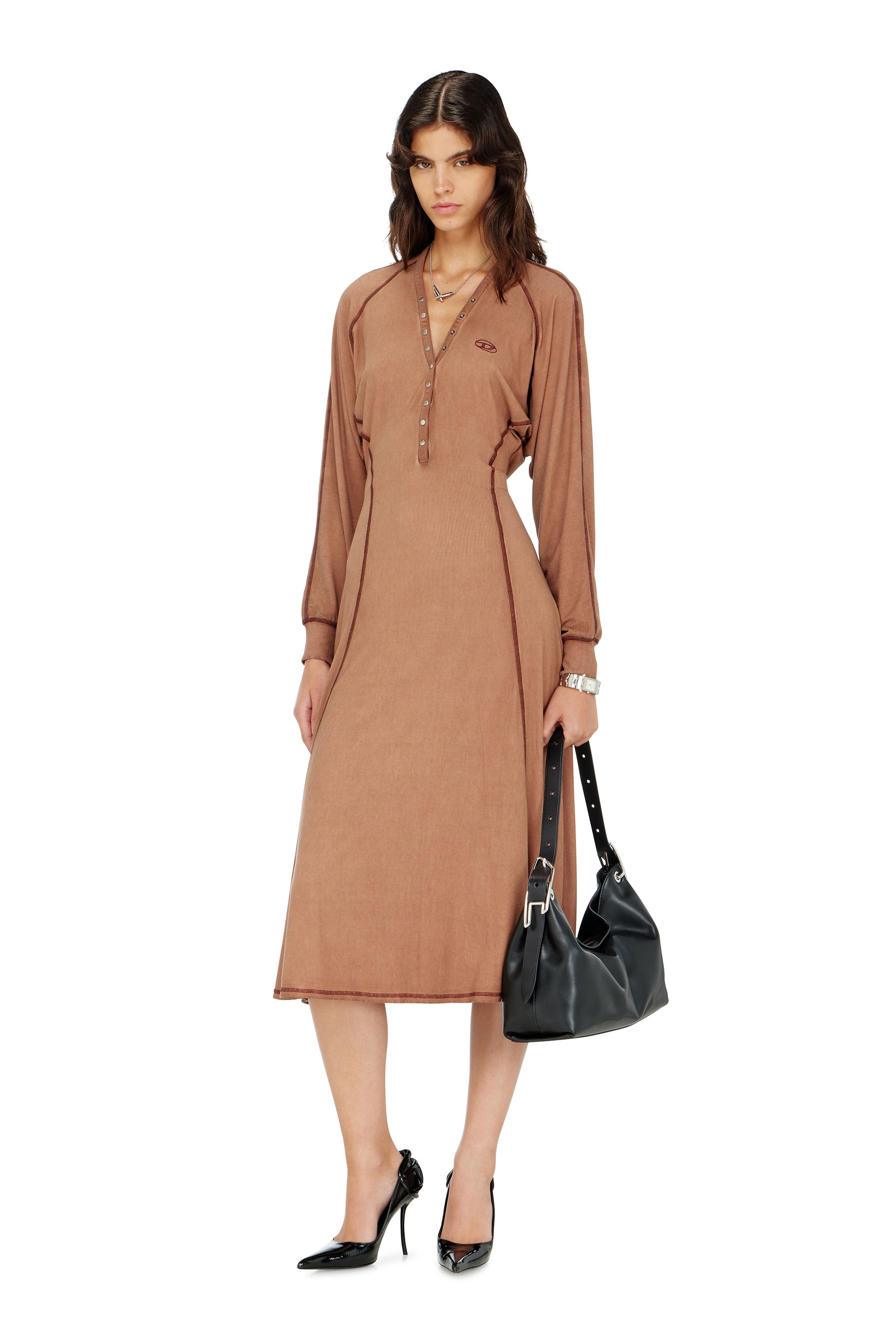 Diesel - D-ISERINA, Woman's Midi dress in ribbed jersey with batwing sleeves in Light Brown - 1