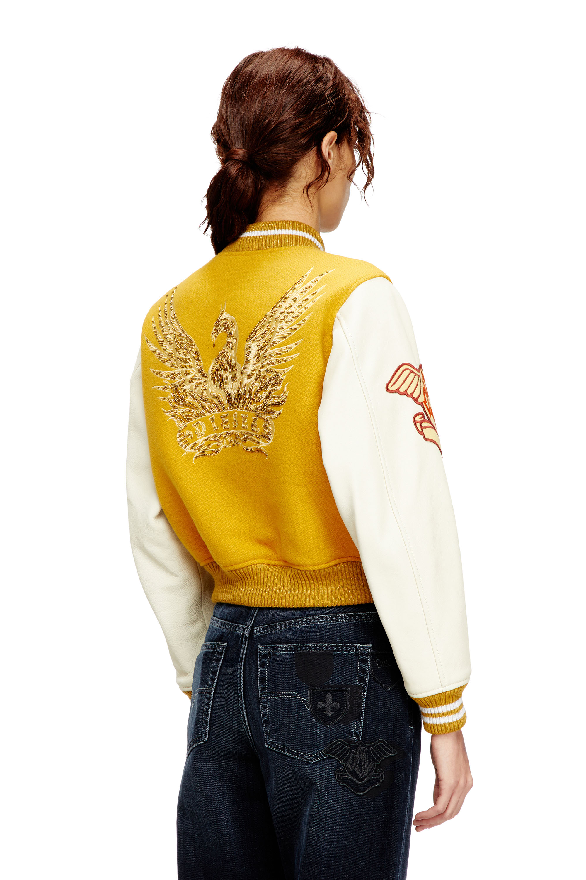 Diesel - L-REAL-CP, Woman's Cropped varsity jacket in wool and leather in White/Yellow - 4