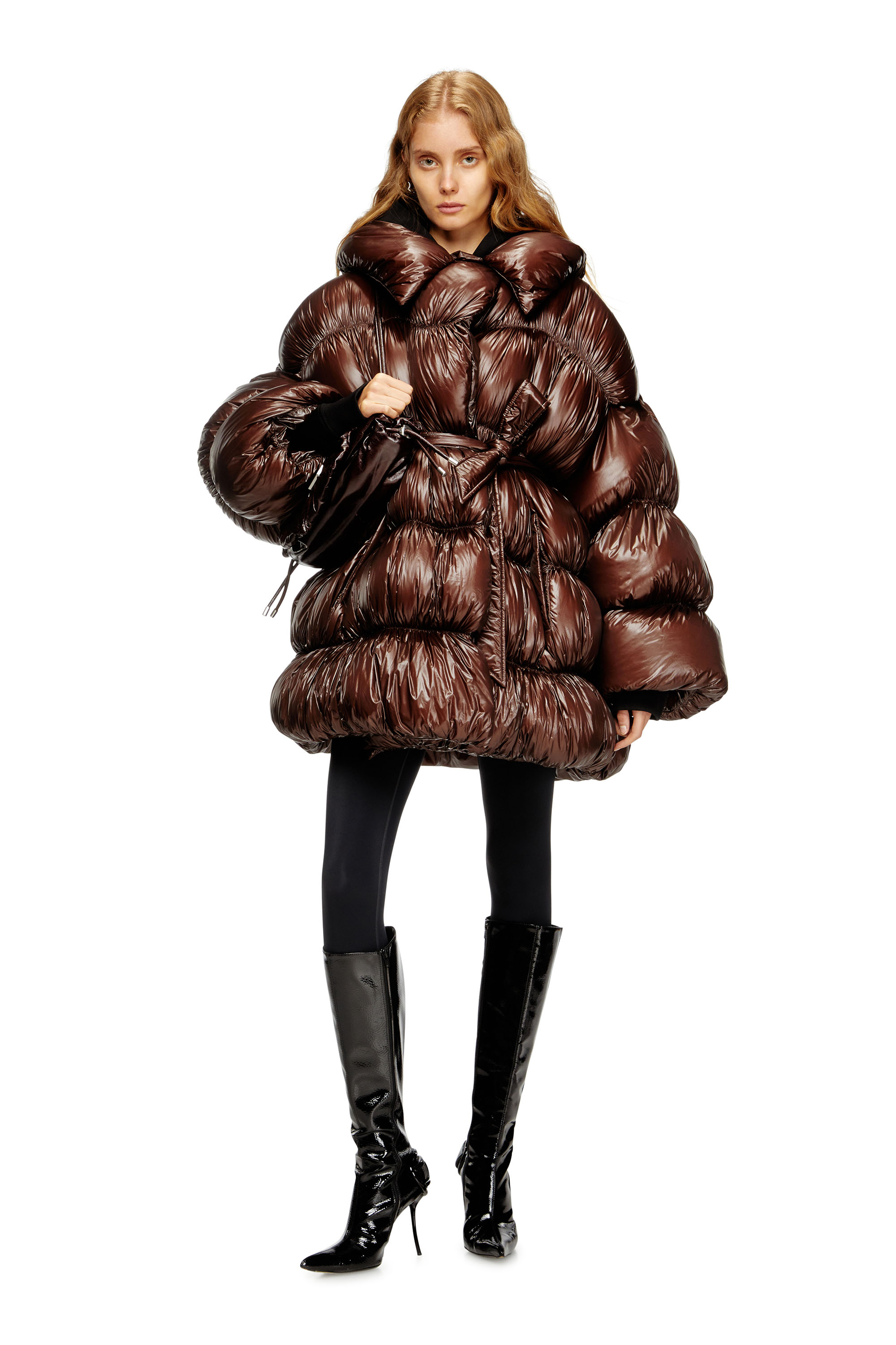 Diesel - W-INONA, Woman's Short quilted down coat with belt in Brown - 2