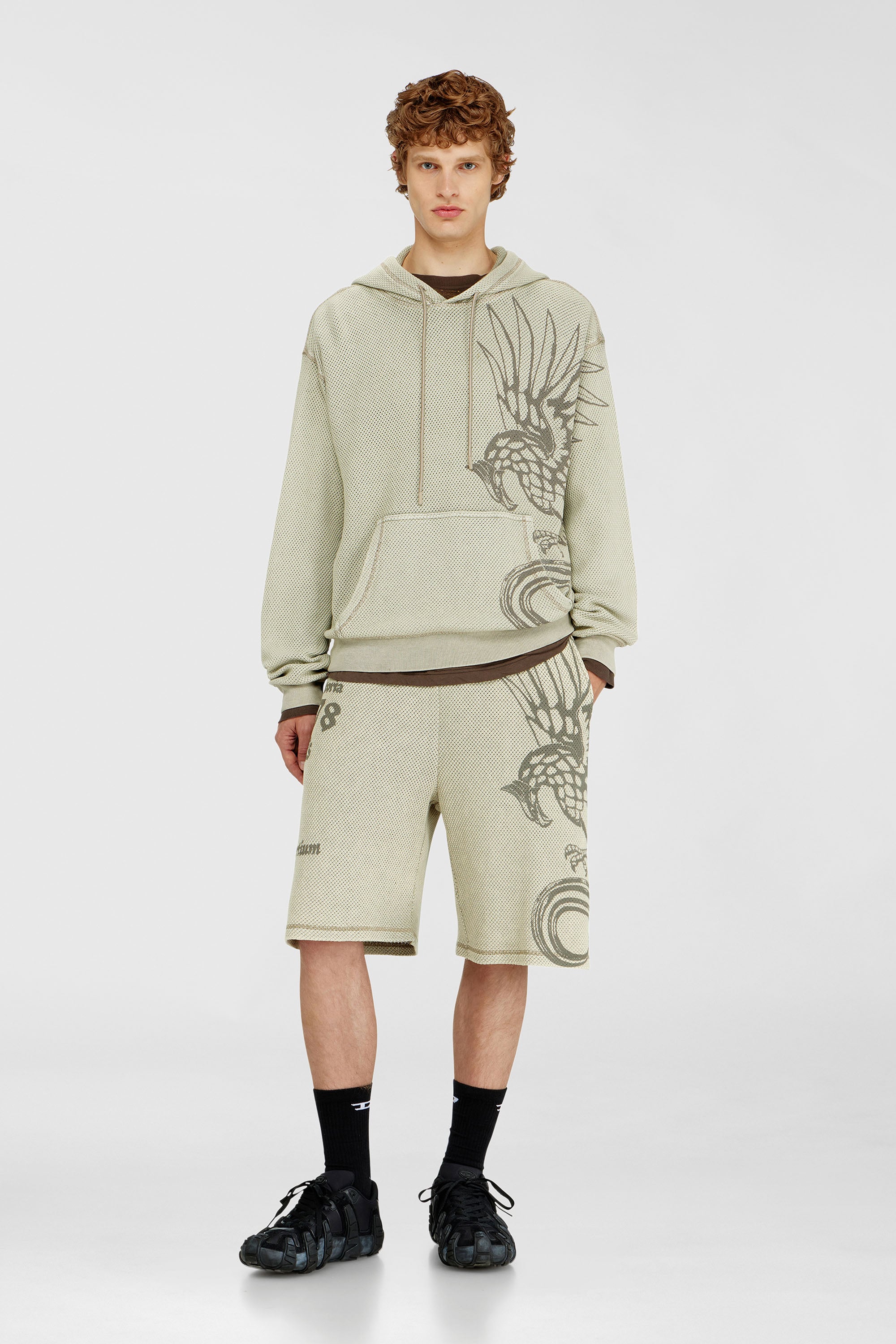 Diesel - P-ERRY, Man's Mesh cotton sweatshorts with prints in Beige - 1