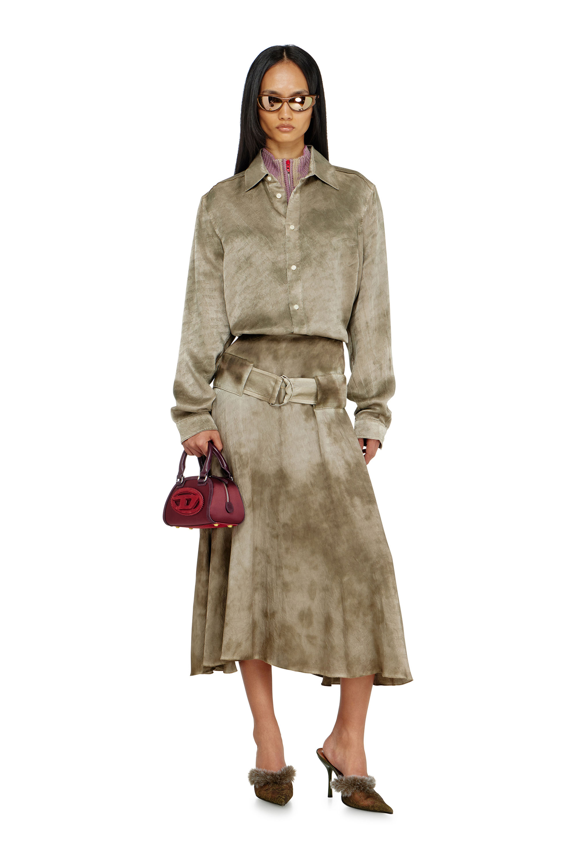 Diesel - O-DYLE, Woman's Belted midi skirt in logo-jacquard satin in Light Brown - 1