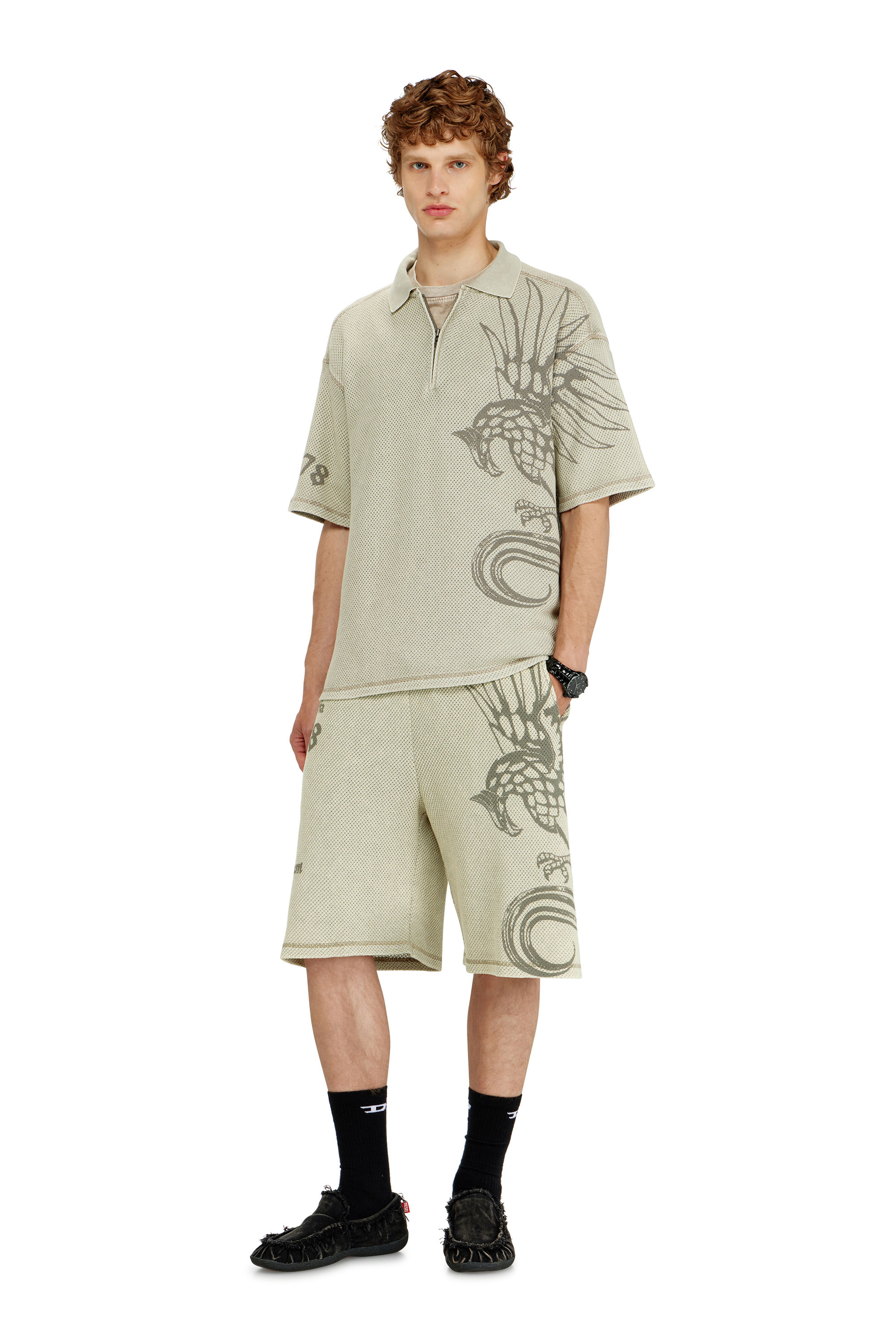 Diesel - T-ERRY-ZIP, Man's Mesh-jacquard polo shirt with Phoenix print in Beige - 3