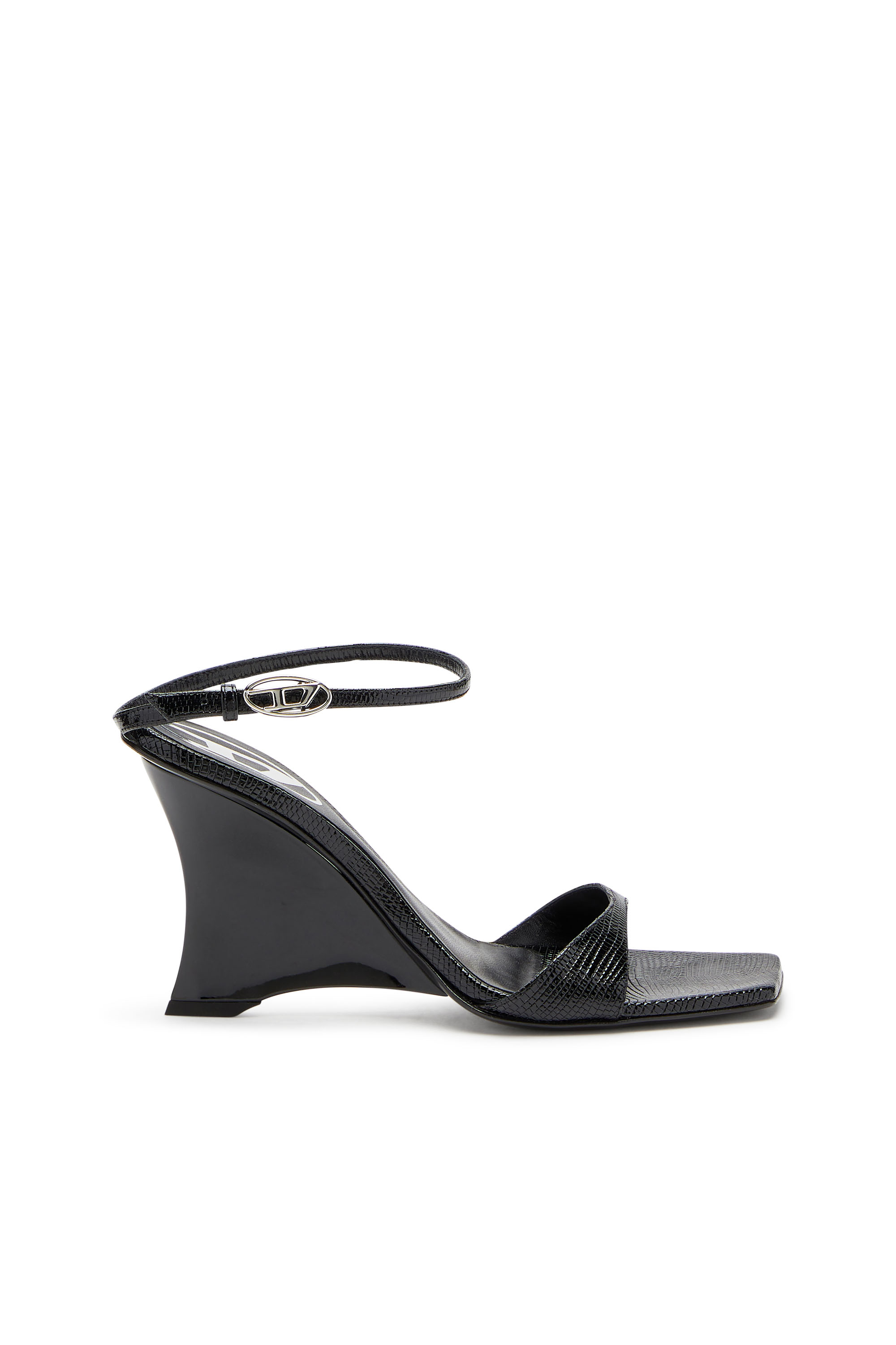 Diesel - D-AMBER SANDAL WEDGE, Woman's D-Amber-Wedge sandals in lizard-effect leather in Black - 1