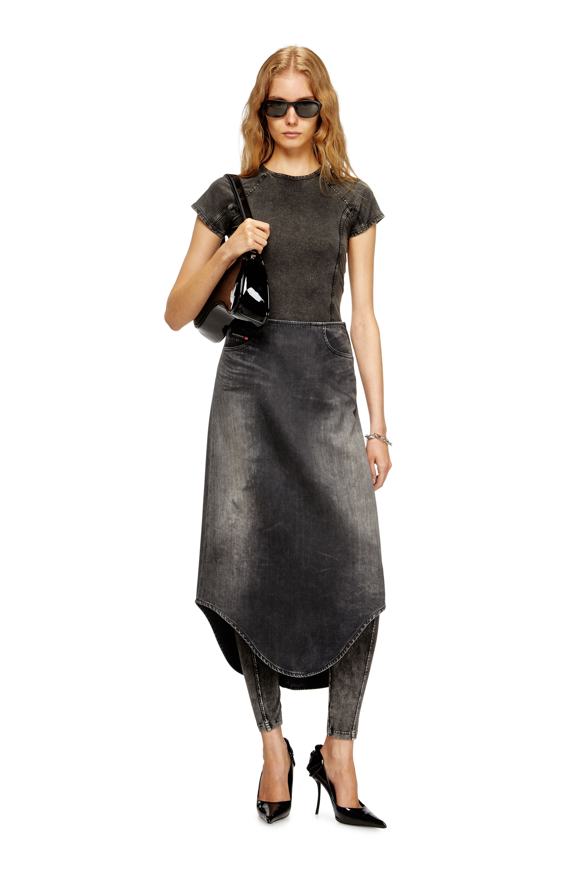 Diesel - DE-PLUMY-S, Woman's Denim midi skirt with shadow effect in Black - 1