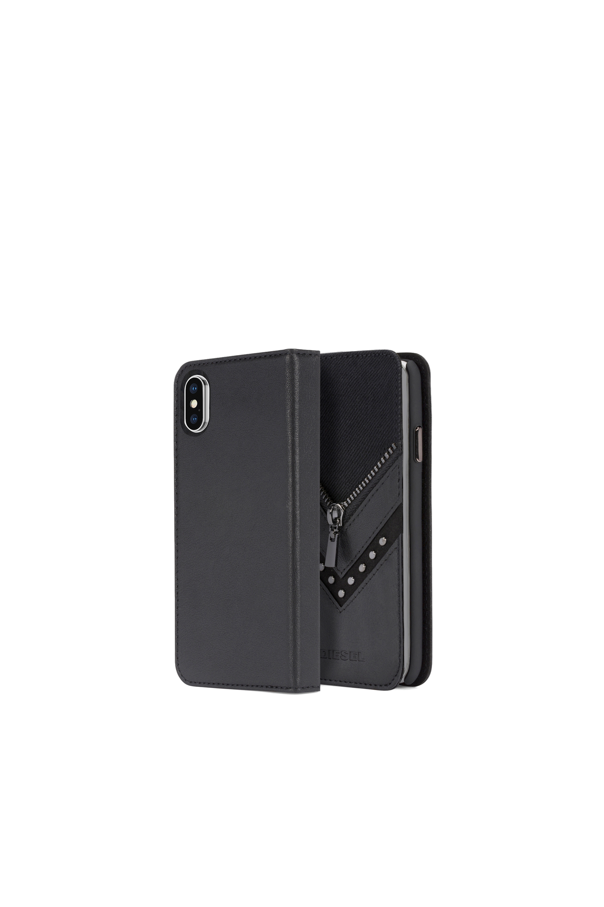 BLACK DENIM/STUD/ZIPPER IPHONE X FOLIO, Diesel - BLACK DENIM/STUD/ZIPPER IPHONE X FOLIO, - Flip covers - Image 1