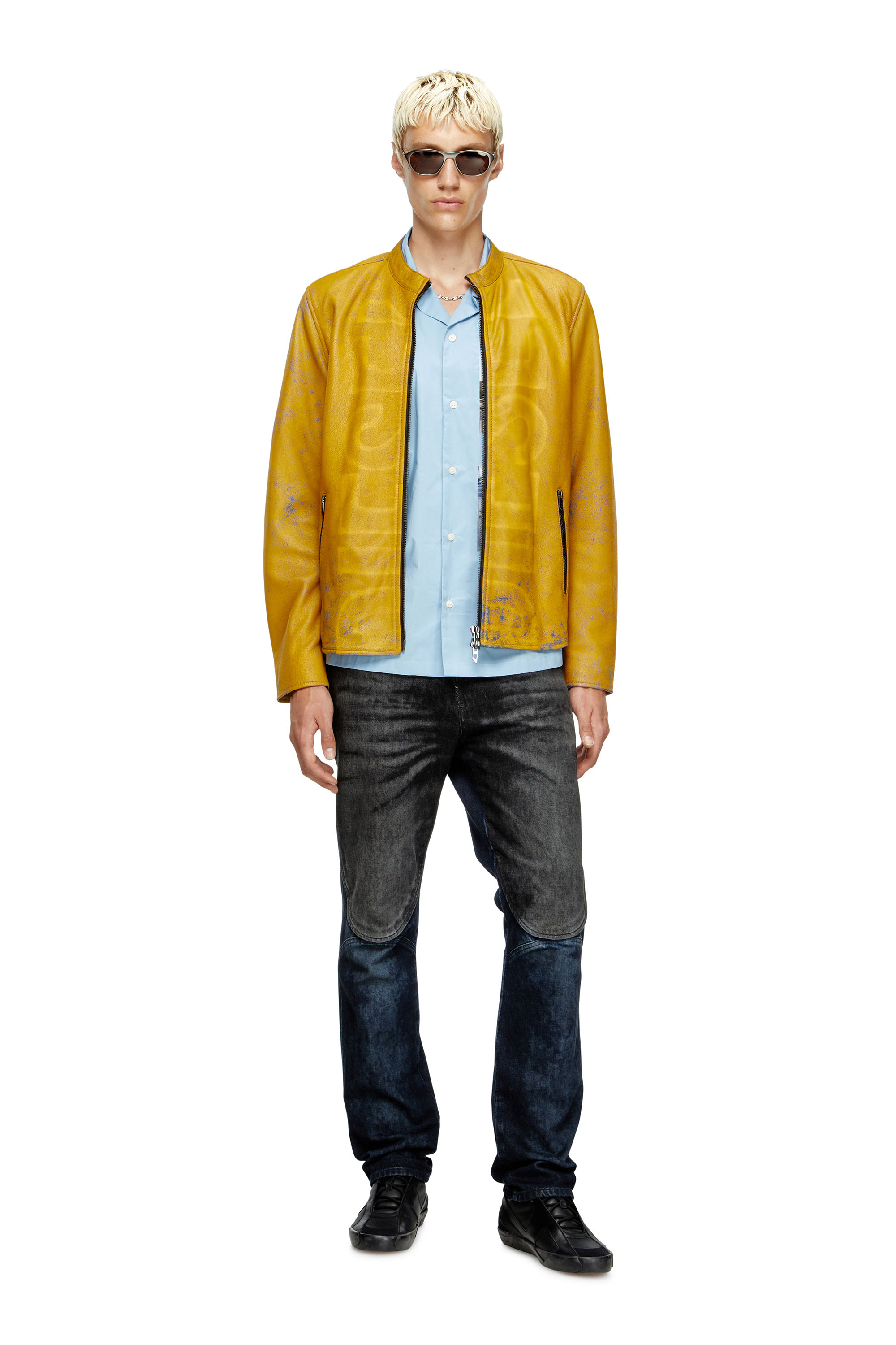 Diesel - L-EVERT-A, Man's Treated leather biker jacket with faded logo in Yellow - 1