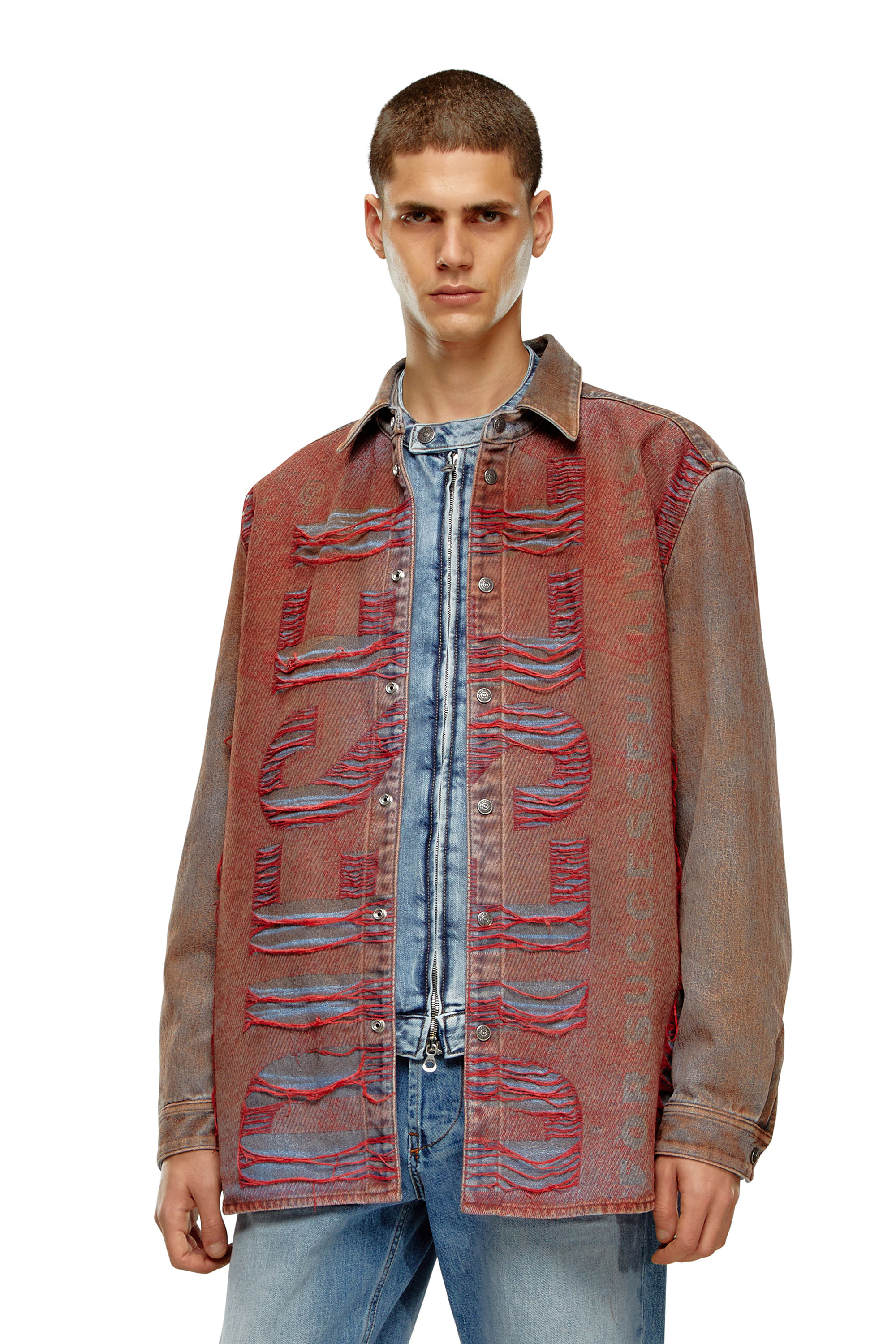 Diesel - D-SIMPLY-OVER-S, Man's Denim shirt with jacquard logo in Blue/Red - 3