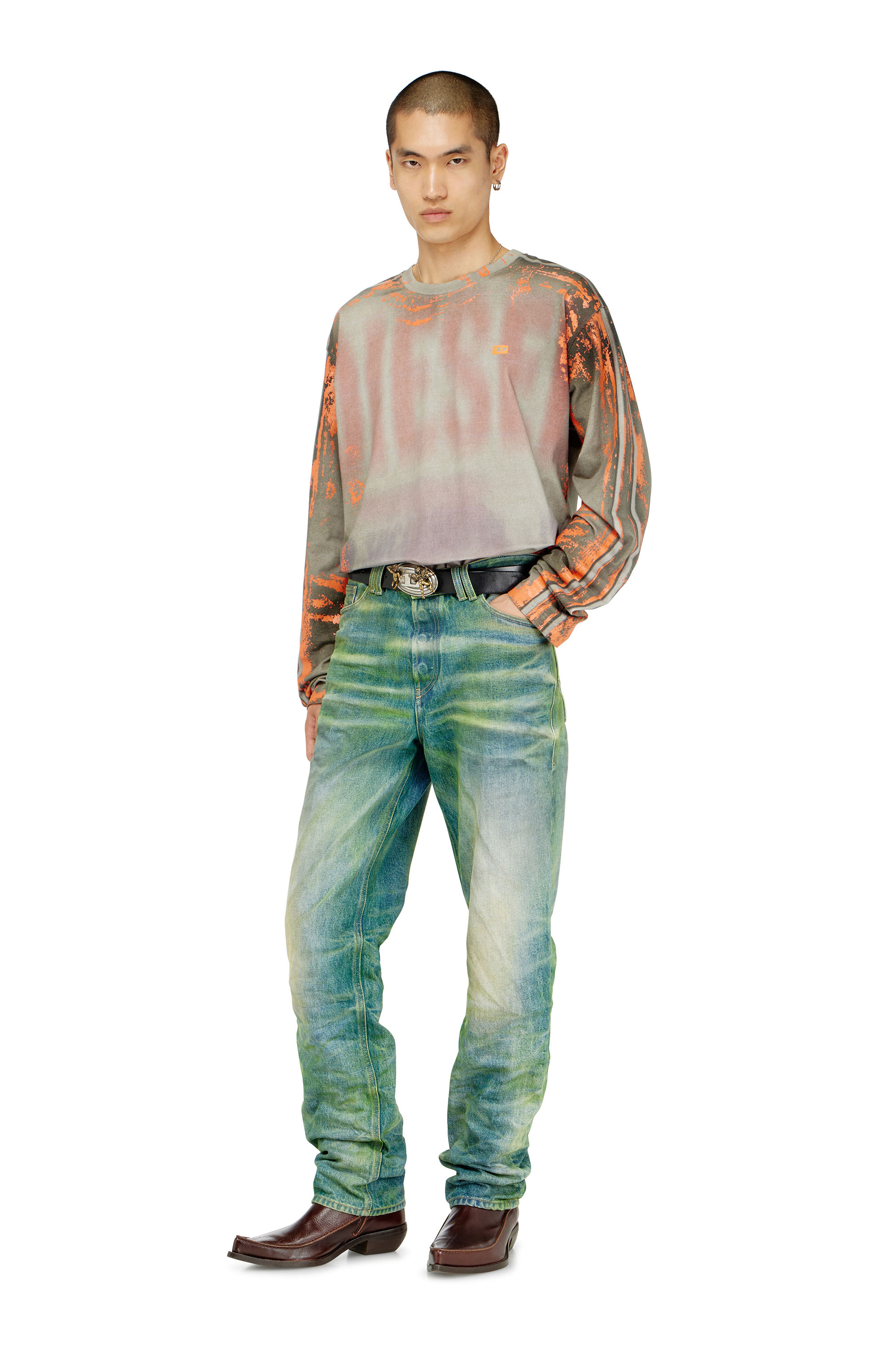 Diesel - T-FILMY, Man's Long-sleeve T-shirt in cracked jersey in Pink/Grey - 1