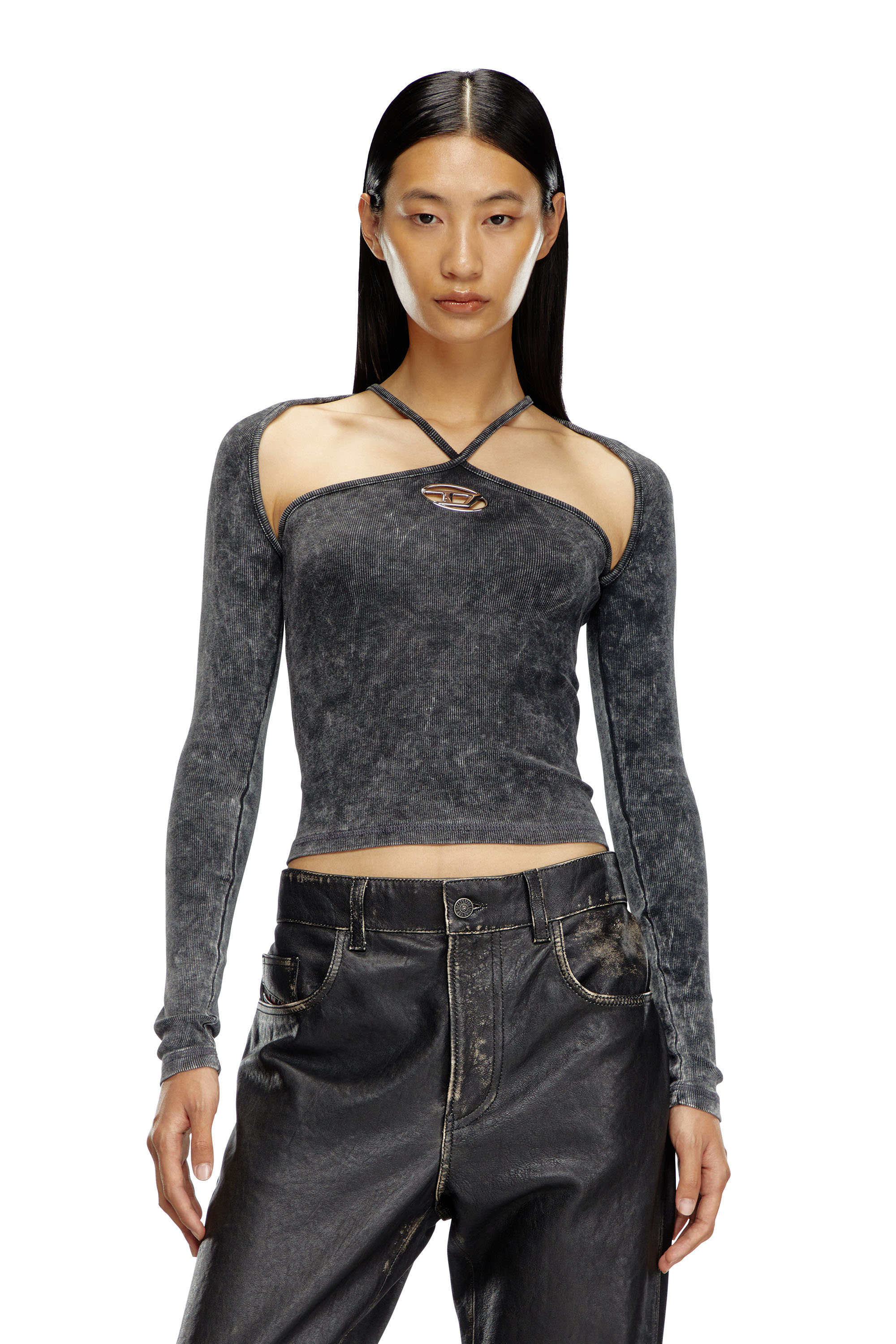 Diesel - T-MARINEL, Woman's Ribbed long-sleeve top with cross-over straps in Black - 1