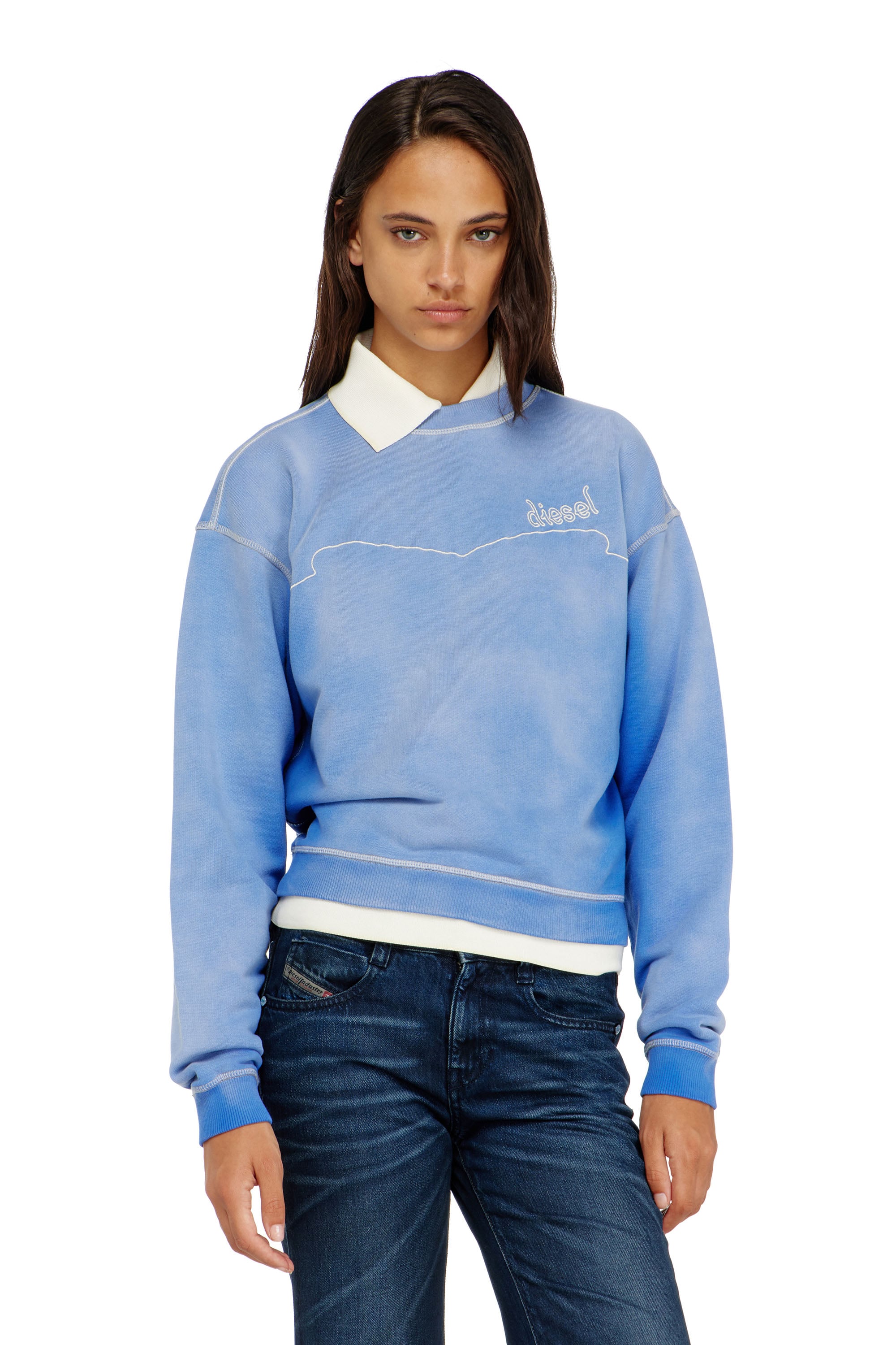 Diesel - F-CREW, Woman's Cotton sweatshirt with logo embroidery in Light Blue - 1