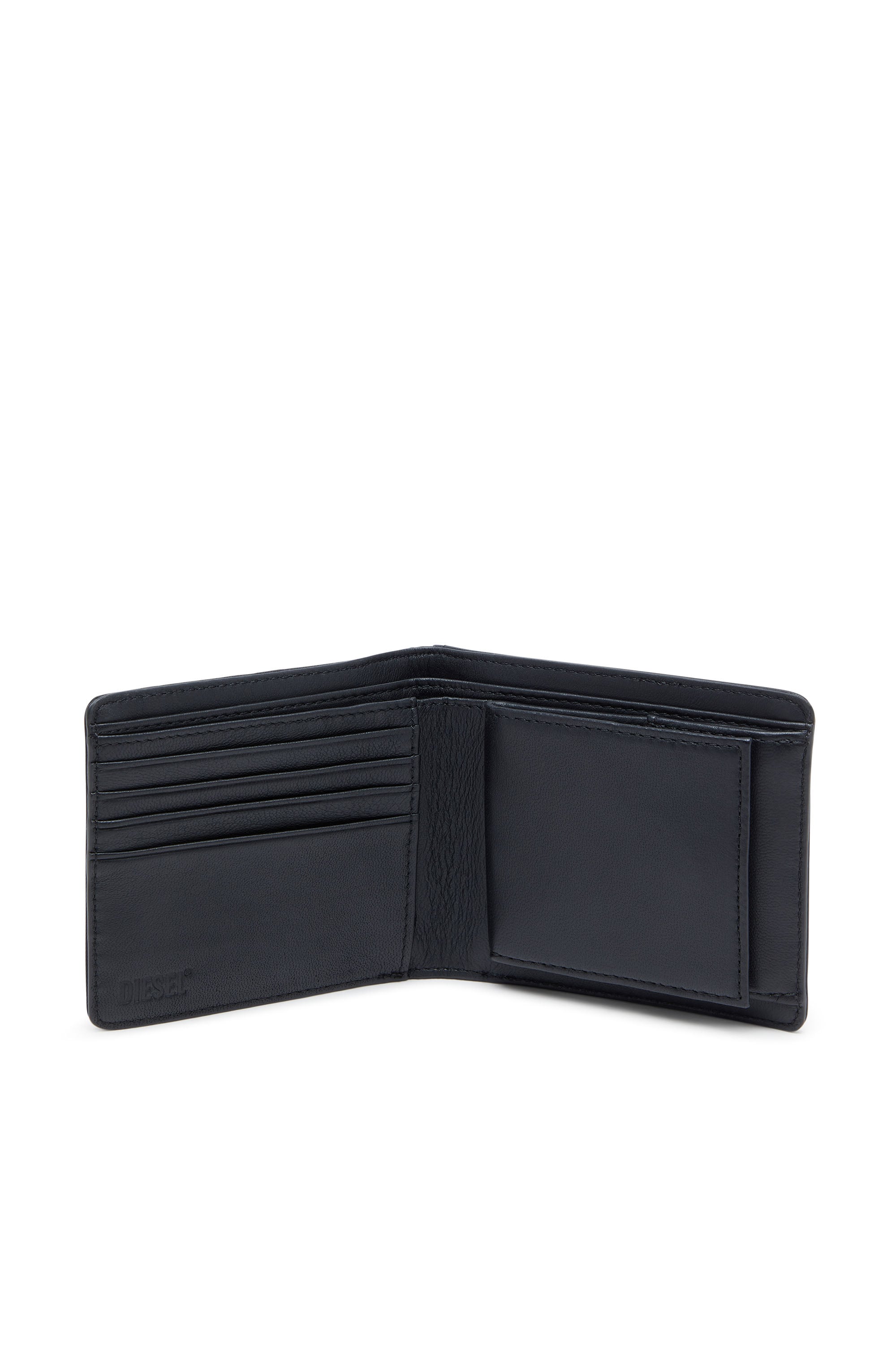 Diesel - MULTI-PKTS BI FOLD COIN S 3D, Man's Leather bi-fold wallet with metal logo plaque in Black - 3