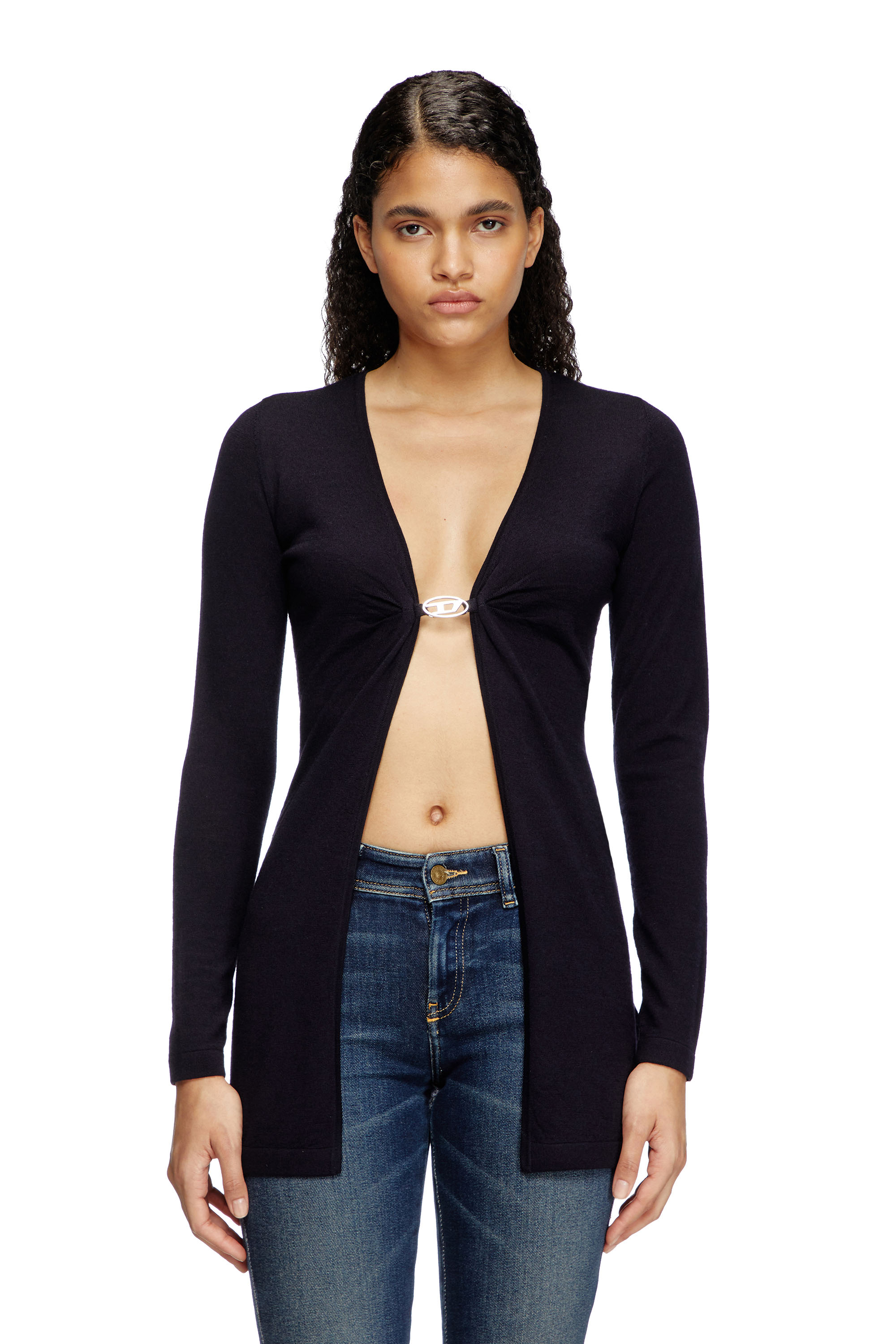 Diesel - M-PIERRY-LONG, Woman's Longline wool cardigan with open front in Dark Blue - 1