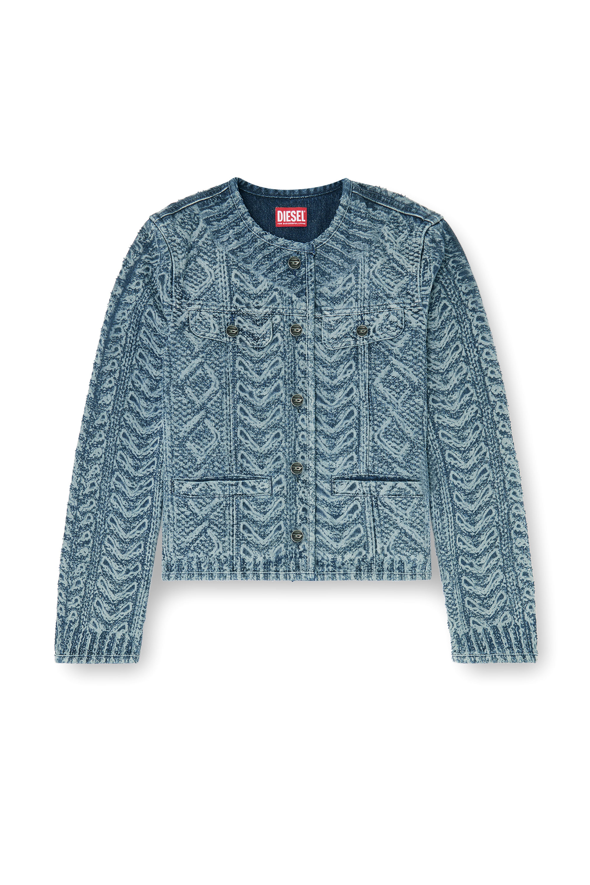 Diesel - DE-GRAFY-S2, Woman's Collarless jacket in cable-knit-effect denim in Dark Blue - 3