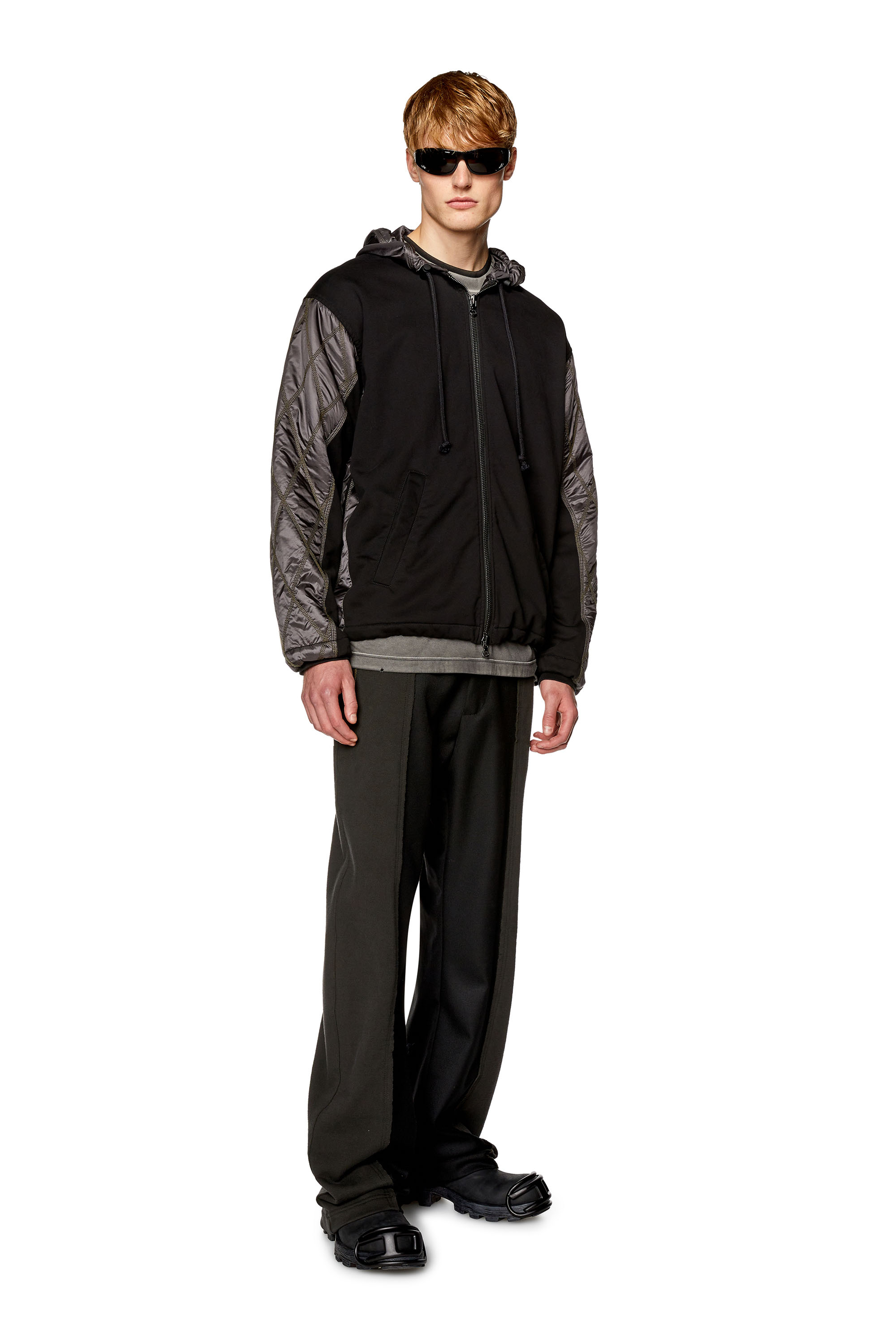 Men's Hooded jacket in fleece and quilted nylon | Black | Diesel