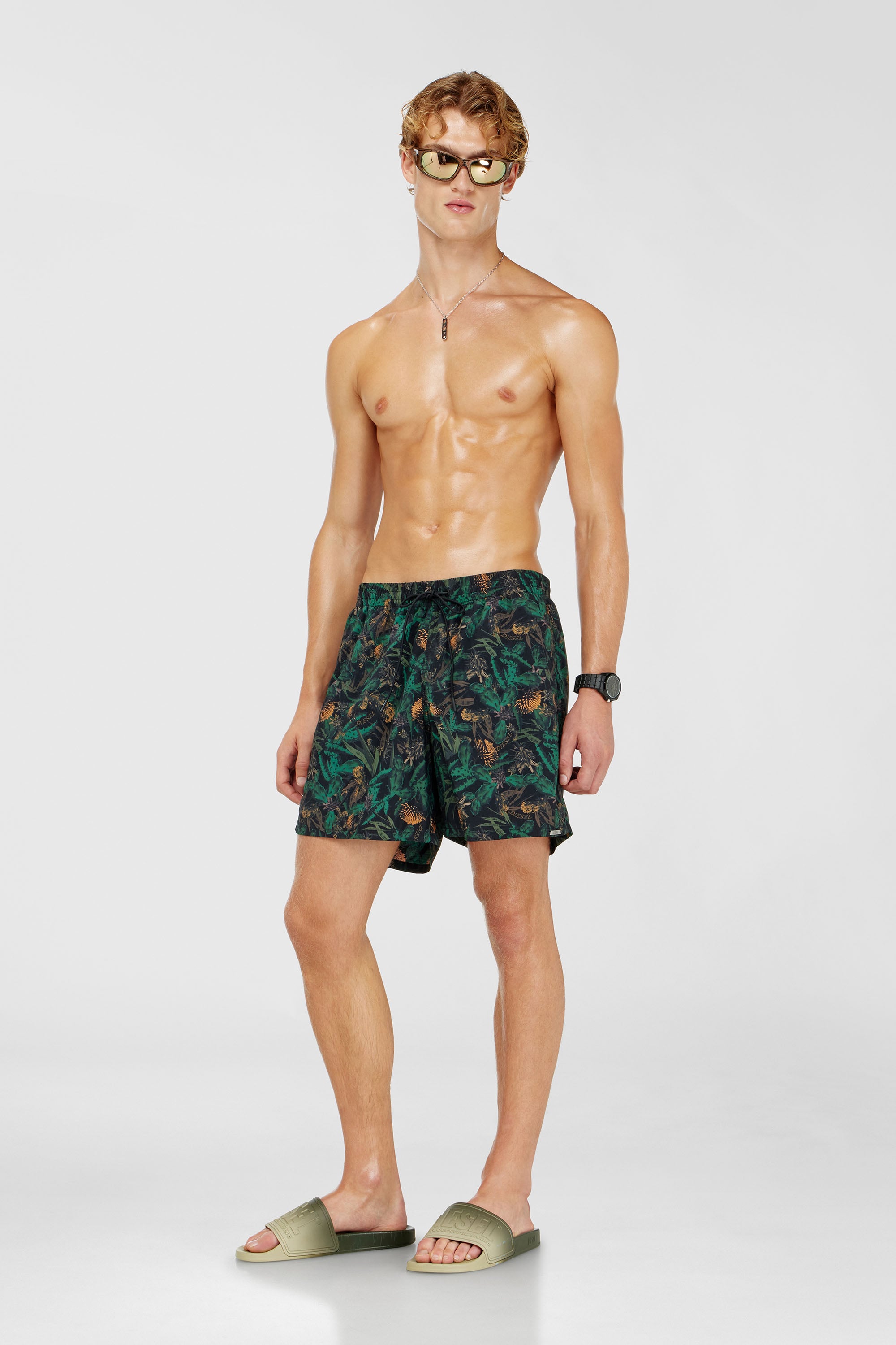 Diesel - SPORT-41-UTLT-B, Man's Swim shorts with jungle print in Black/Green - 1