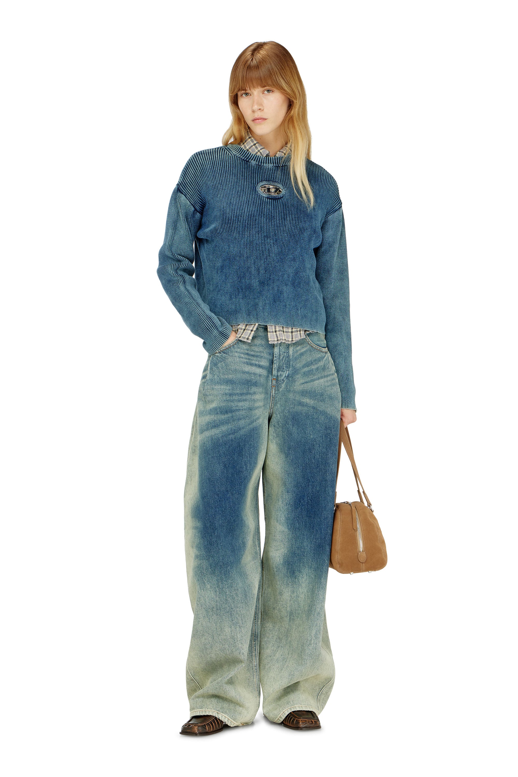 Diesel - M-ANCHOREX, Woman's Cut-out ribbed jumper with Oval D plaque in Blue - 2