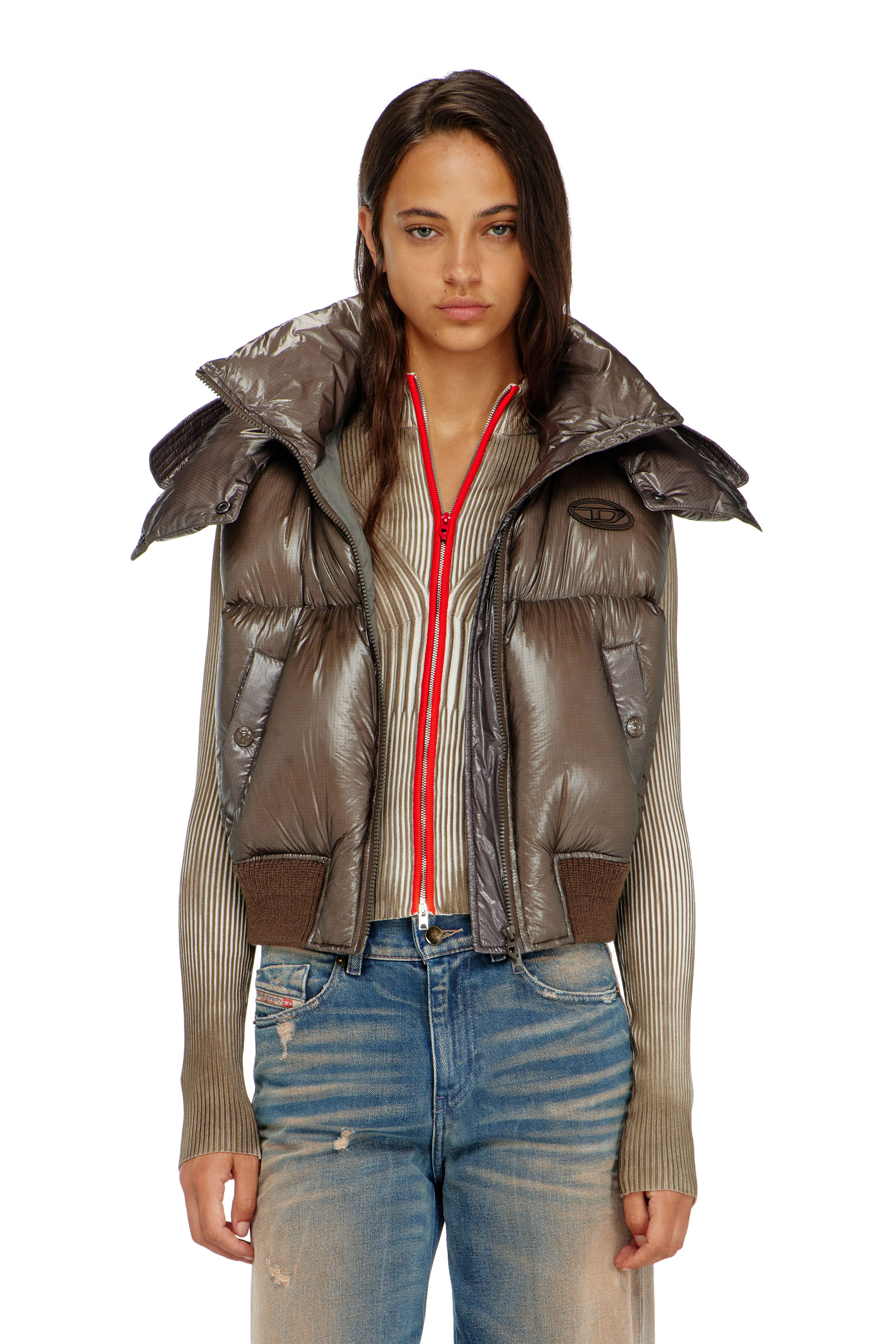 Diesel - W-PEYT-SSL-NEW-T1, Woman's Down vest in ripstop with detachable hood in Brown - 1