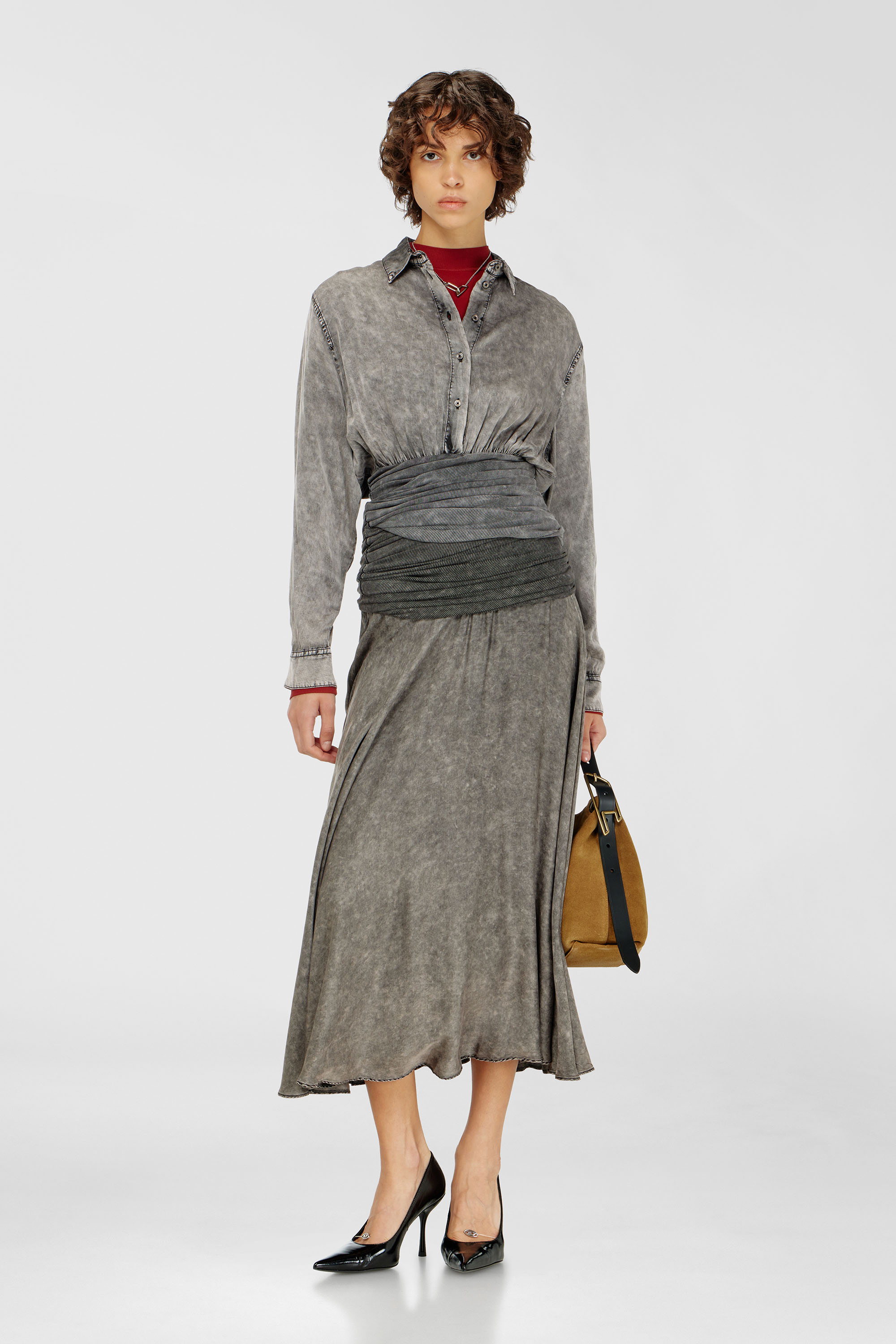 Diesel - C-ASSIA-B1, Woman's Satin shirt with twisted waist section in Dark grey - 2